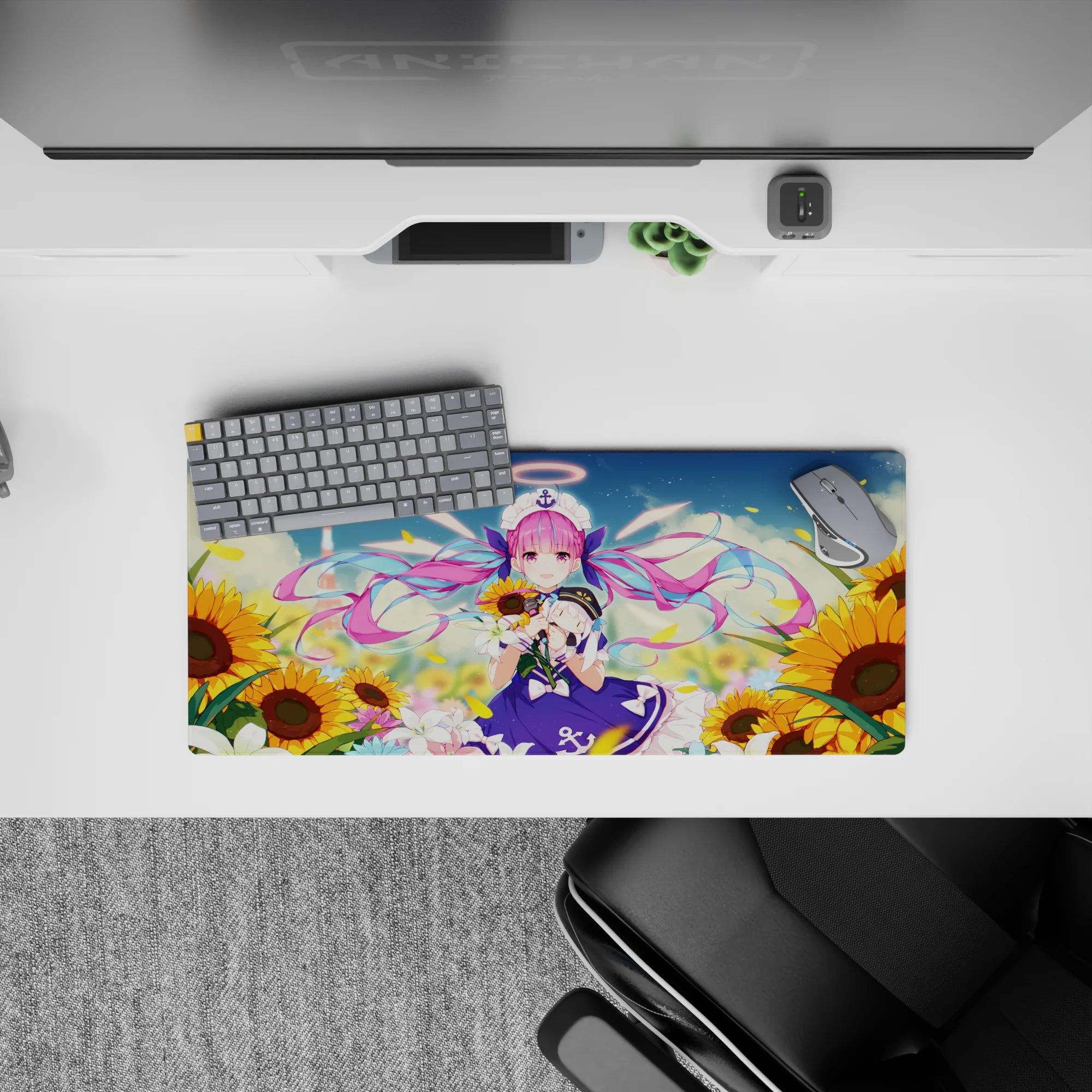 28x12 inches anime girl mouse pad in violet, candy pink, and golden yellow, bright summer postcard vibe.
