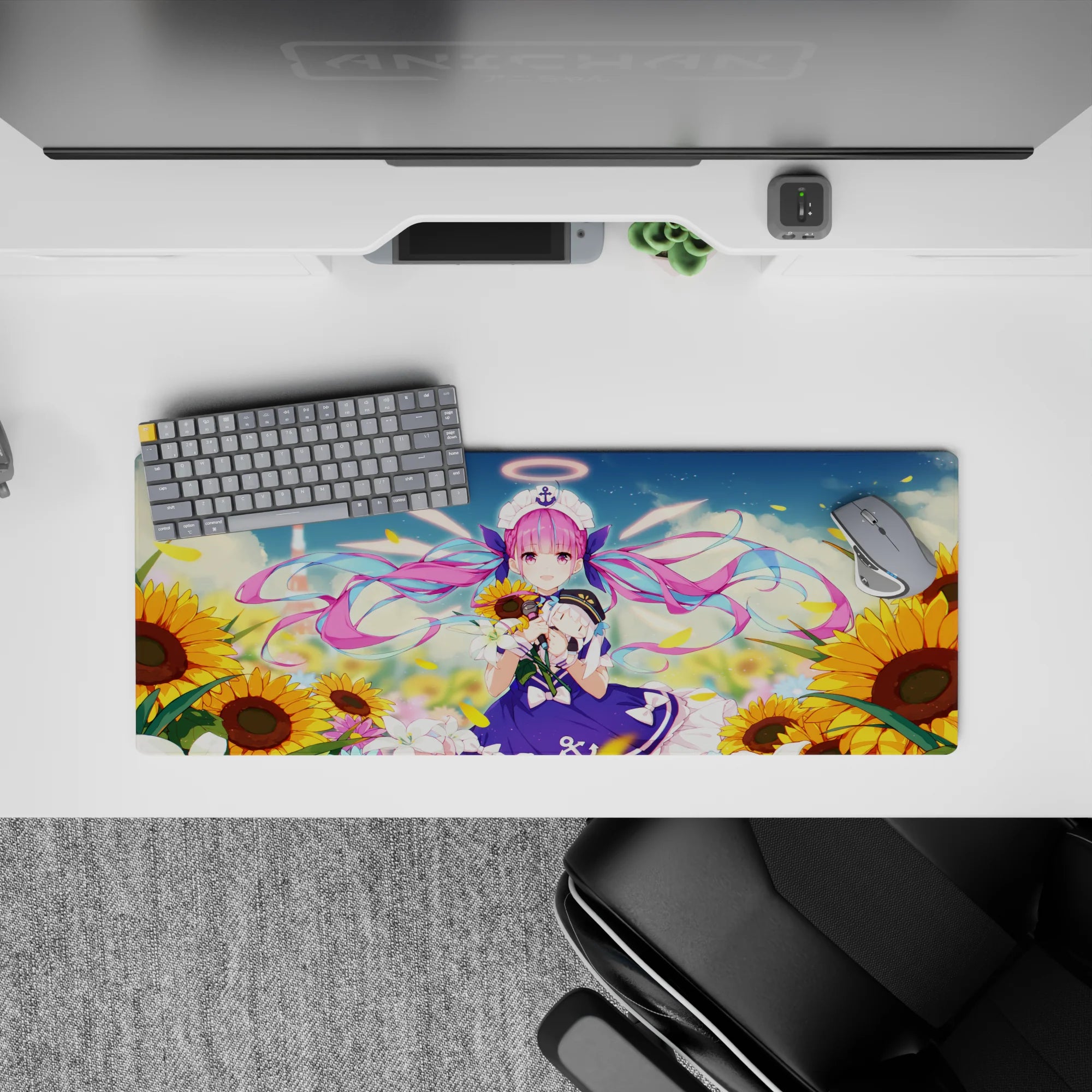 32x12 inches anime girl mouse pad in violet, candy pink, and golden yellow; bright summer postcard vibe.