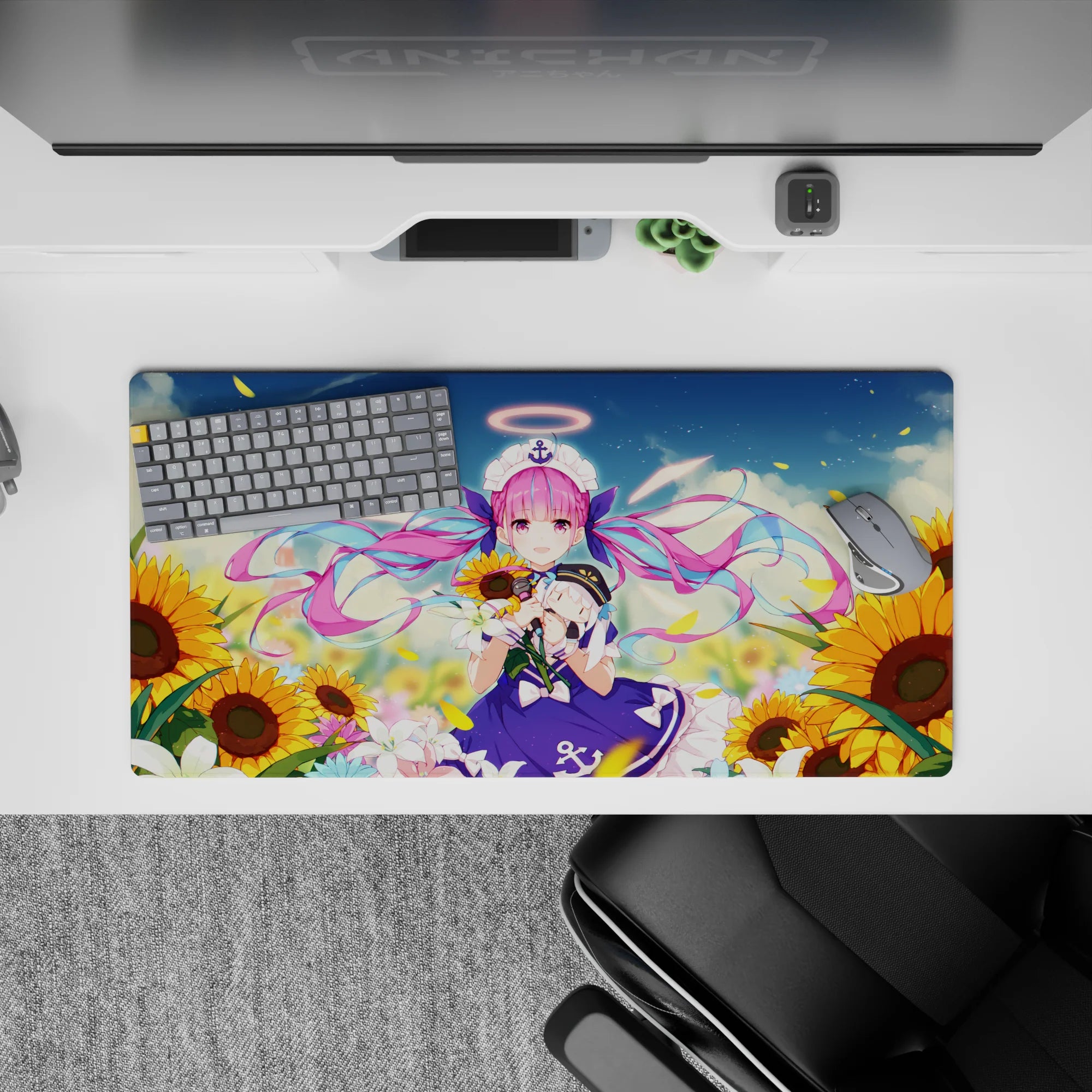 32x16 inches anime mouse pad in violet, candy pink, and golden yellow for a bright summer mood.