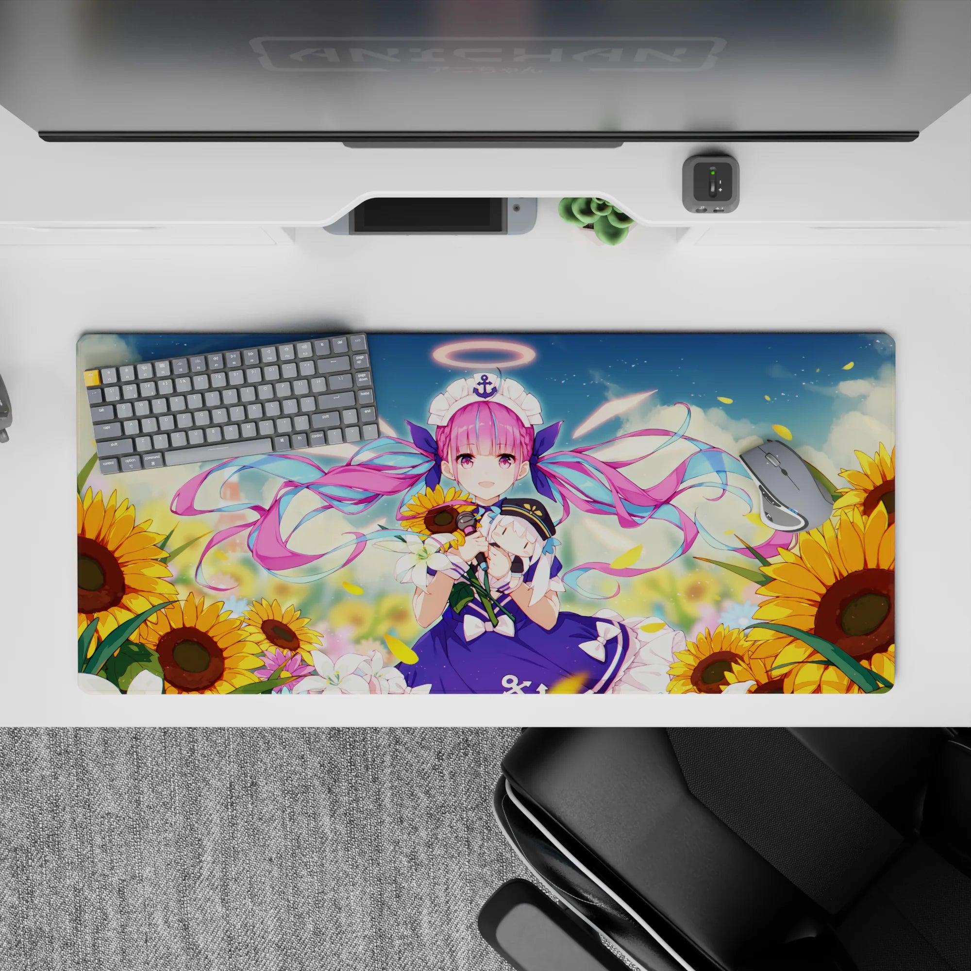 Cute idol anime desk pad 36x16 inches in violet, candy pink, and golden yellow for a bright summer vibe.