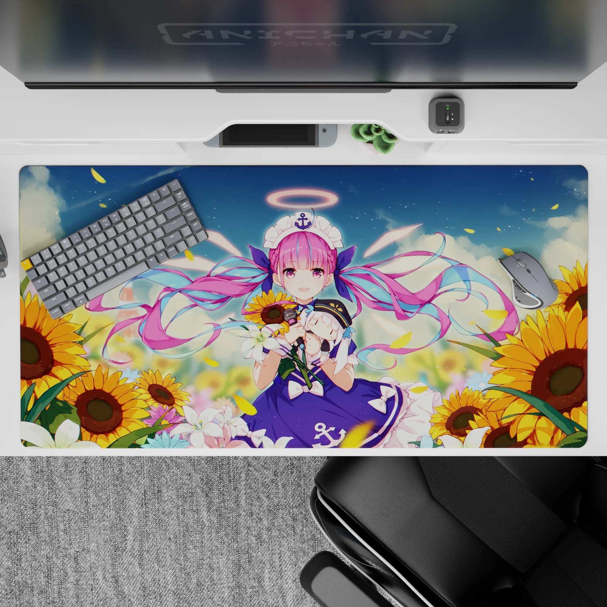 Vibrant anime desk pad 40x20 inches in violet, candy pink, and golden yellow, bright summer postcard vibe.