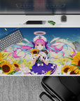 Vibrant anime desk pad 40x20 inches in violet, candy pink, and golden yellow, bright summer postcard vibe.