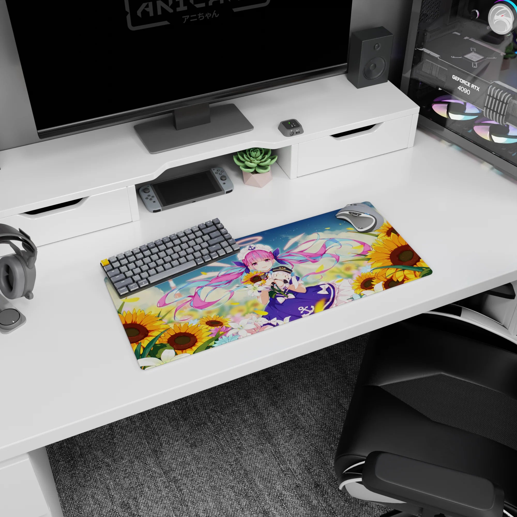 28x12 inches anime girl mouse pad featuring a cute idol in pink twin-tails amid drifting petals and sunflowers.