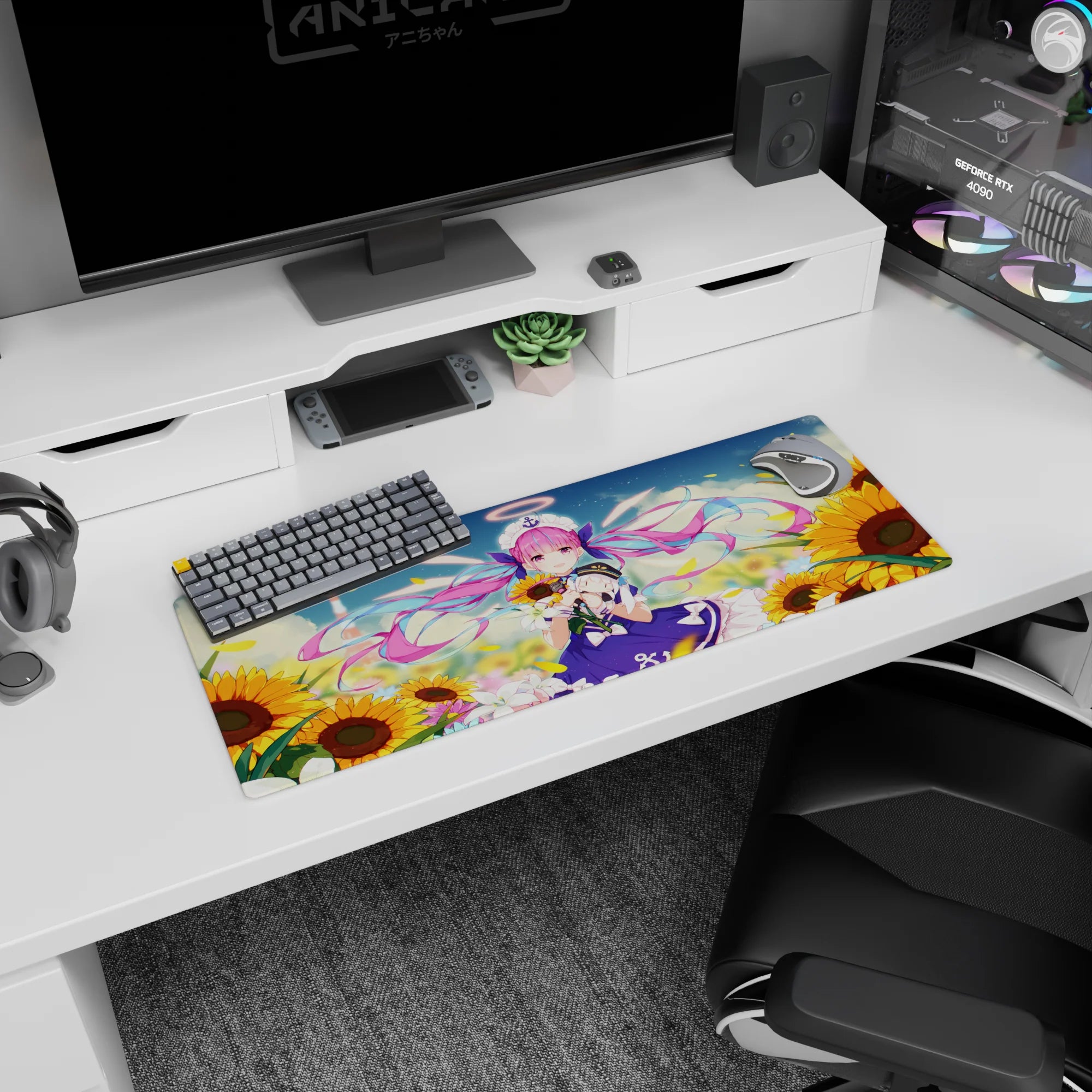 32x12 inches anime girl mouse pad featuring a cute idol-style sailor girl amid sunflowers and drifting petals.