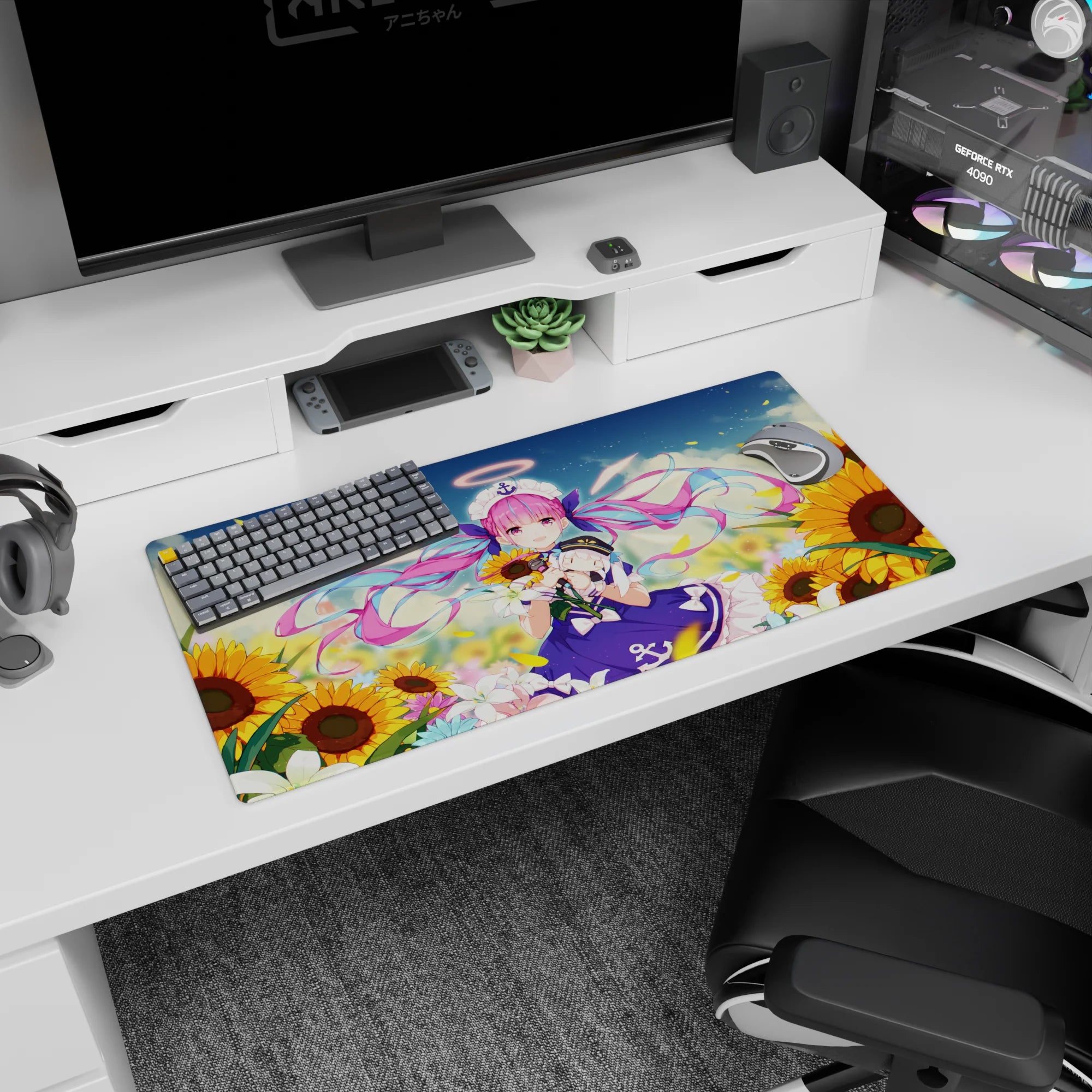 32x16 inches mouse pad featuring pink twin-tail anime girl with anchor headpiece under drifting petals.