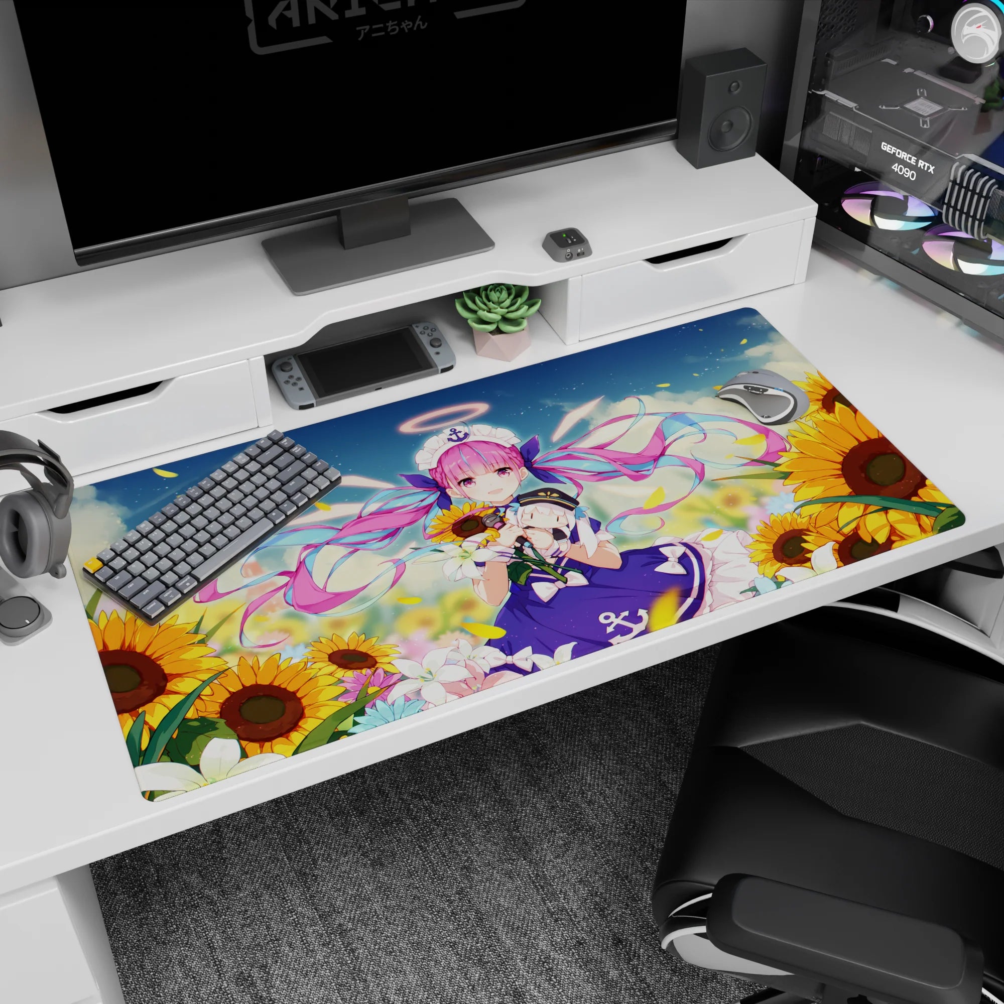 Cute idol-style anime girl desk pad 40x20 inches, twin-tails sailor outfit amid drifting petals and sunflowers.