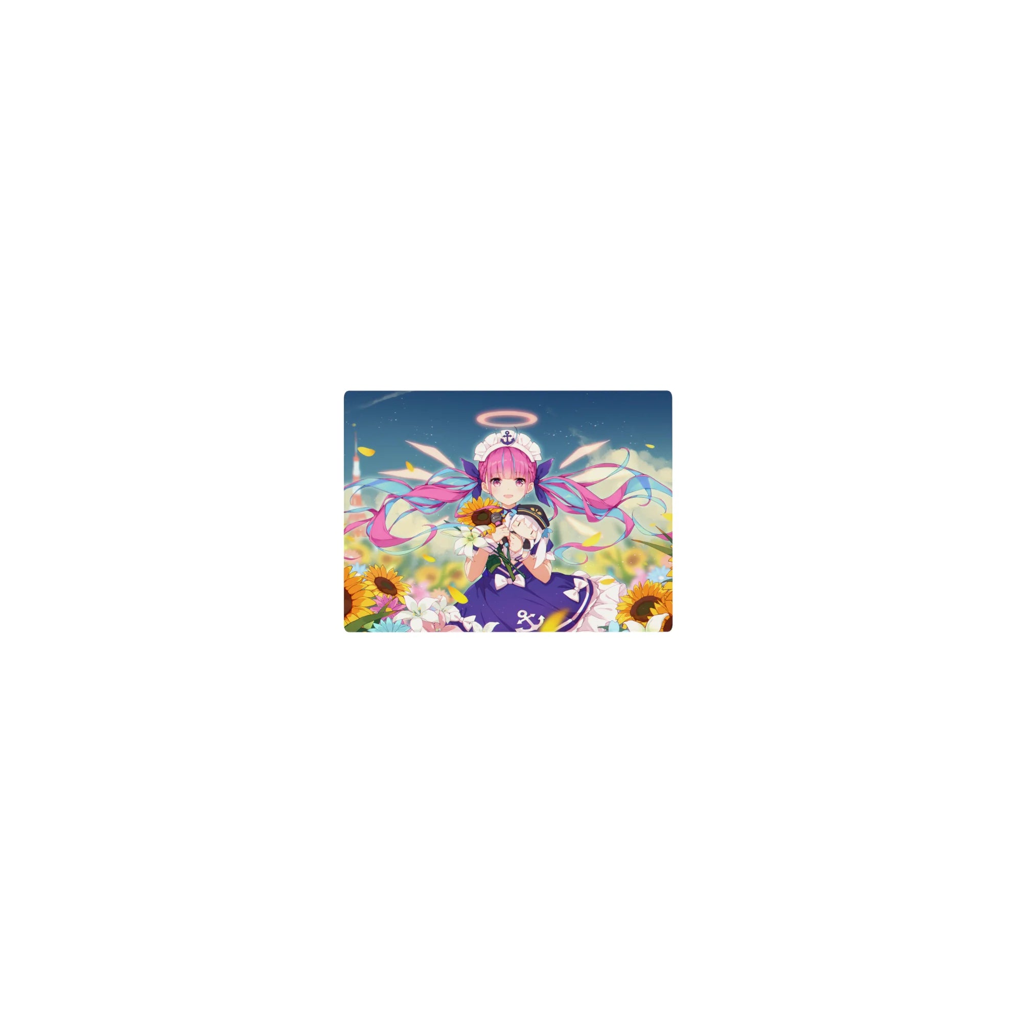 Classic anime girl mouse pad 14x10 inches with twin-tails idol in sailor dress under sunflower sky.