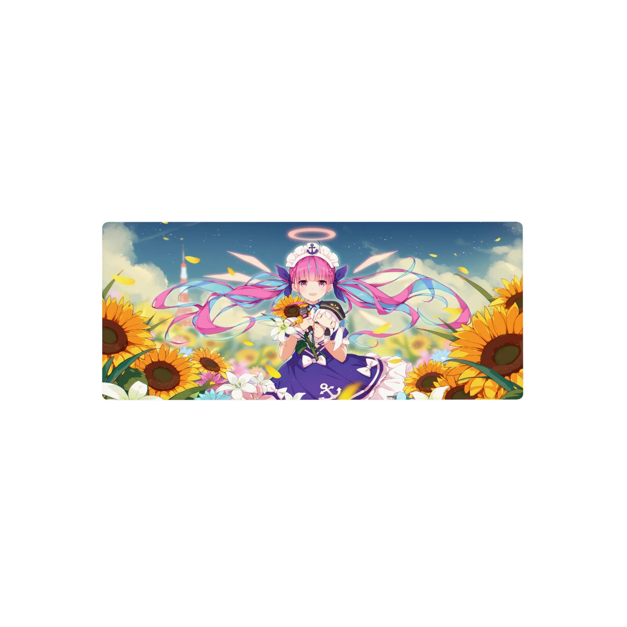 28x12 inches anime girl mouse pad with sunflower field, blue sky, pink twin-tails, sailor dress, anchor headpiece.