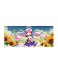 28x12 inches anime girl mouse pad with sunflower field, blue sky, pink twin-tails, sailor dress, anchor headpiece.