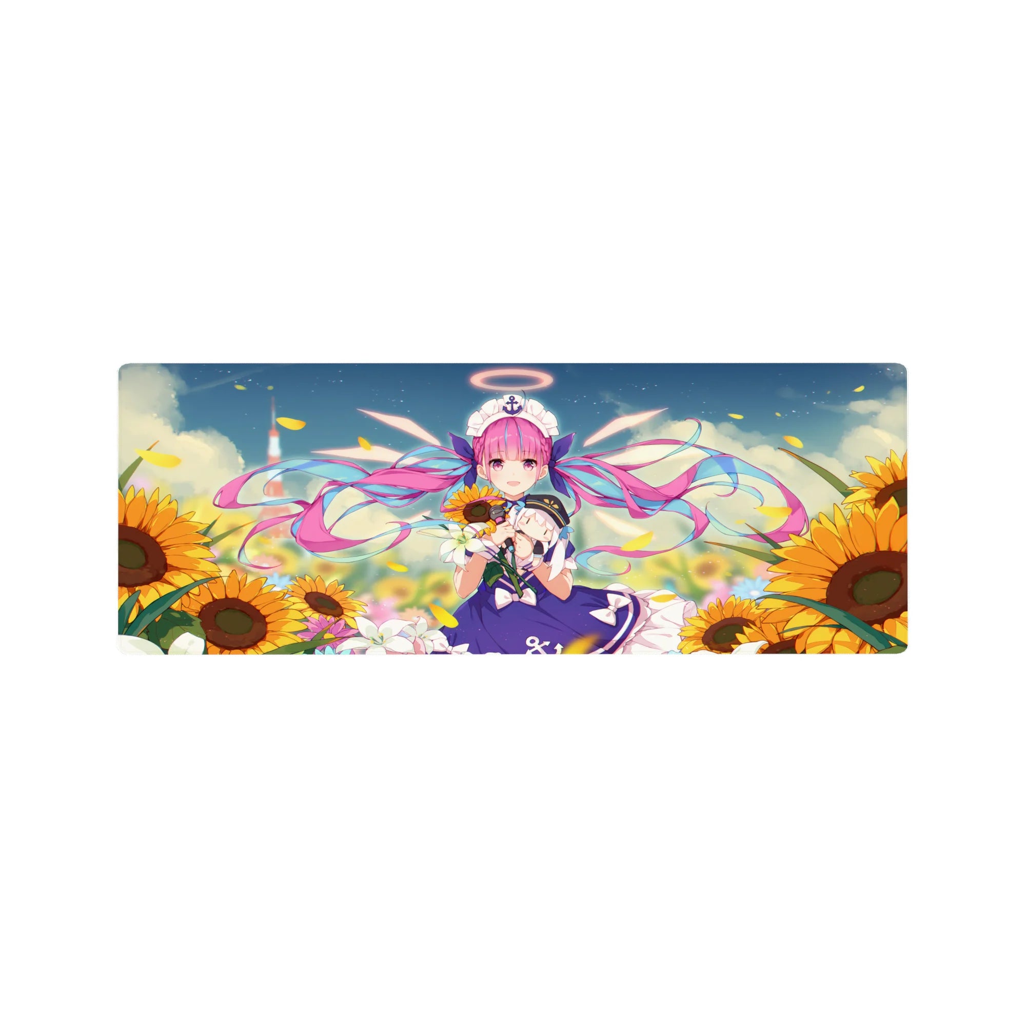 32x12 inches anime girl mouse pad with pink twin-tails, sailor outfit, anchor headpiece, sunflower sky scene.