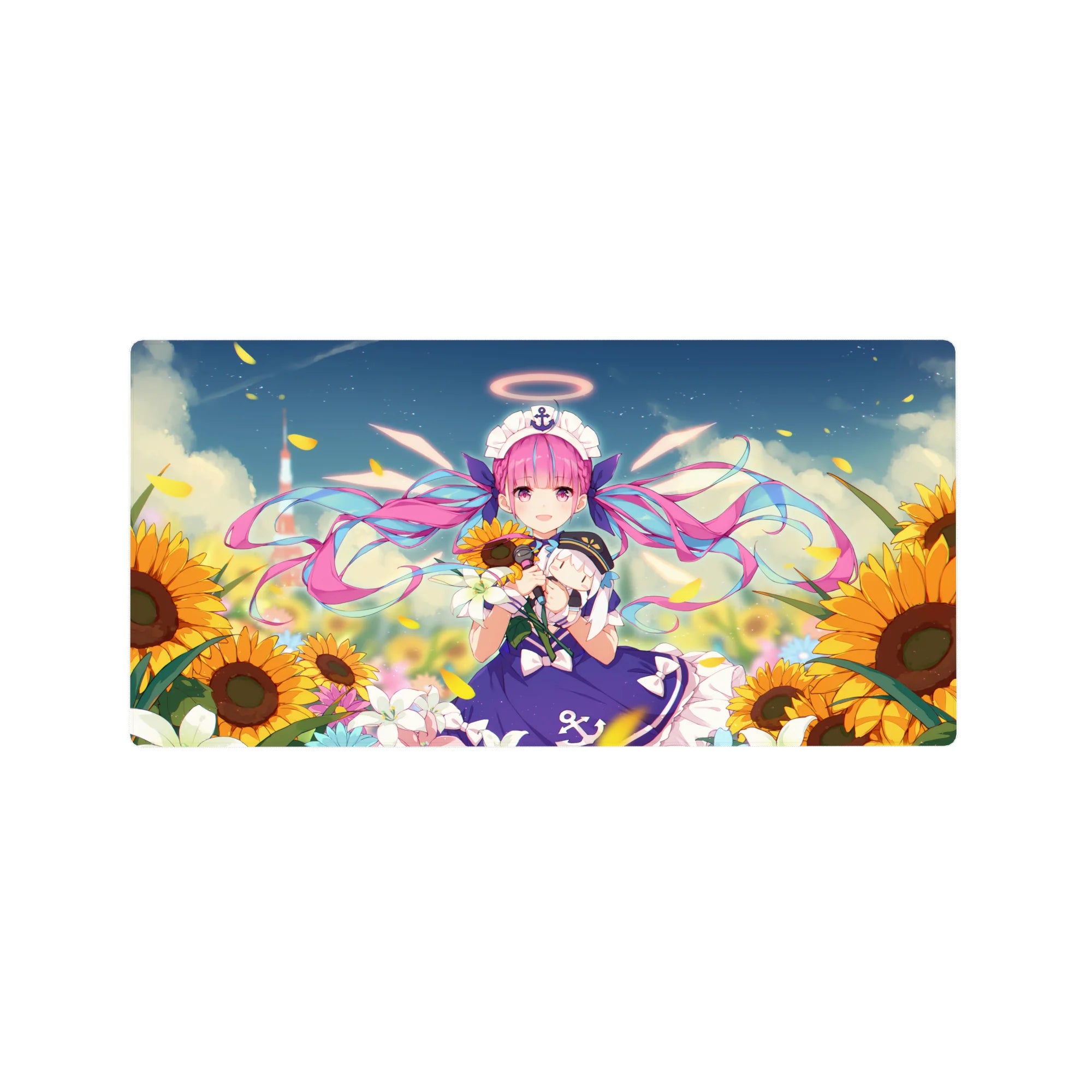 32x16 inches anime girl mouse pad with sunflower field, blue sky, and cute idol sailor outfit.