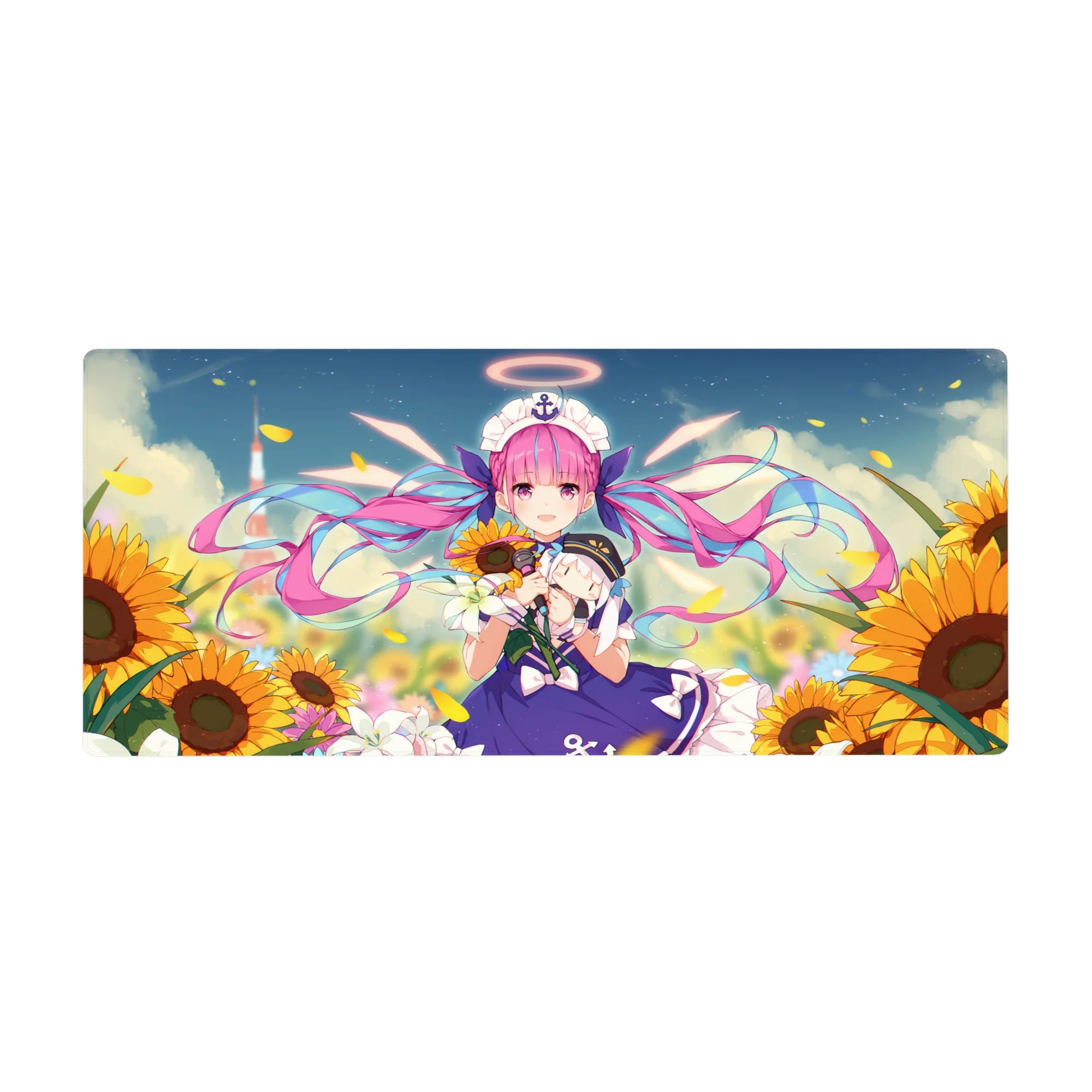 Anime girl desk pad 36x16 inches with sunflower sky scene, pink twin-tails in sailor dress, anchor headpiece.