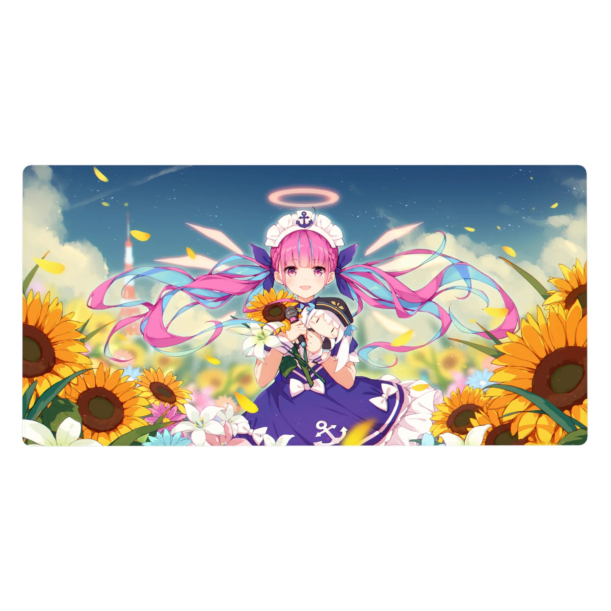 Anime girl desk pad 40x20 inches with sunflowers, blue sky, pink twin-tails, sailor dress, anchor headpiece.