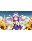 Anime girl desk pad 40x20 inches with sunflowers, blue sky, pink twin-tails, sailor dress, anchor headpiece.