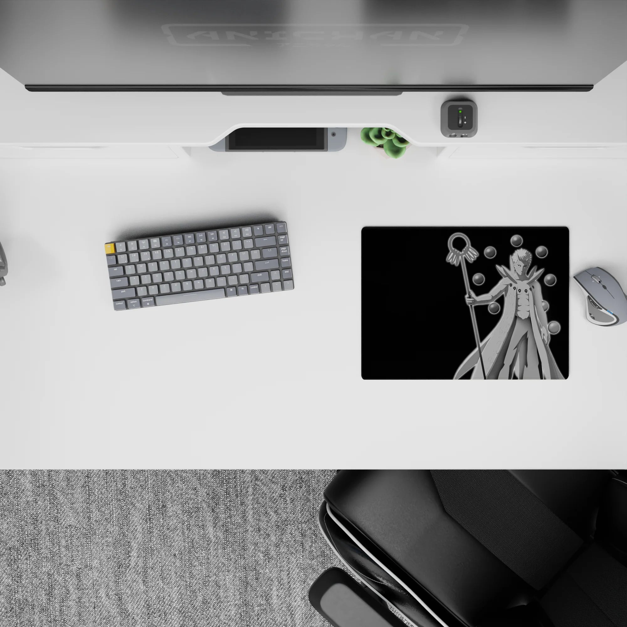 Black background anime mouse pad 14x10 inches with silver-white cloak glow and calm, ominous vibe.