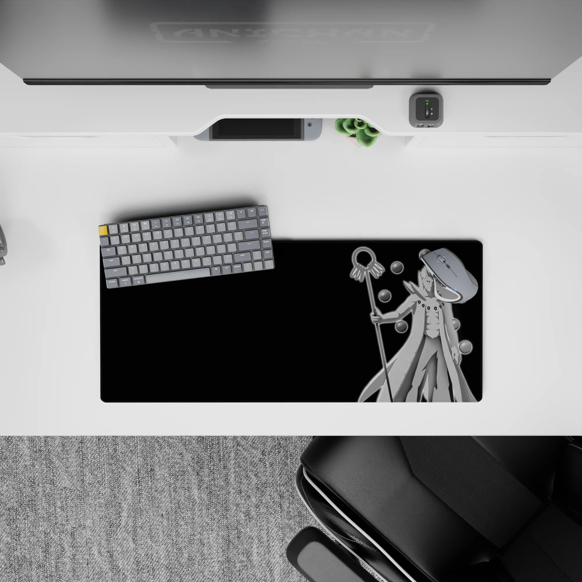 28x12 inches anime mouse pad with black backdrop, silver-white cloak contrast, calm dark Naruto vibe.