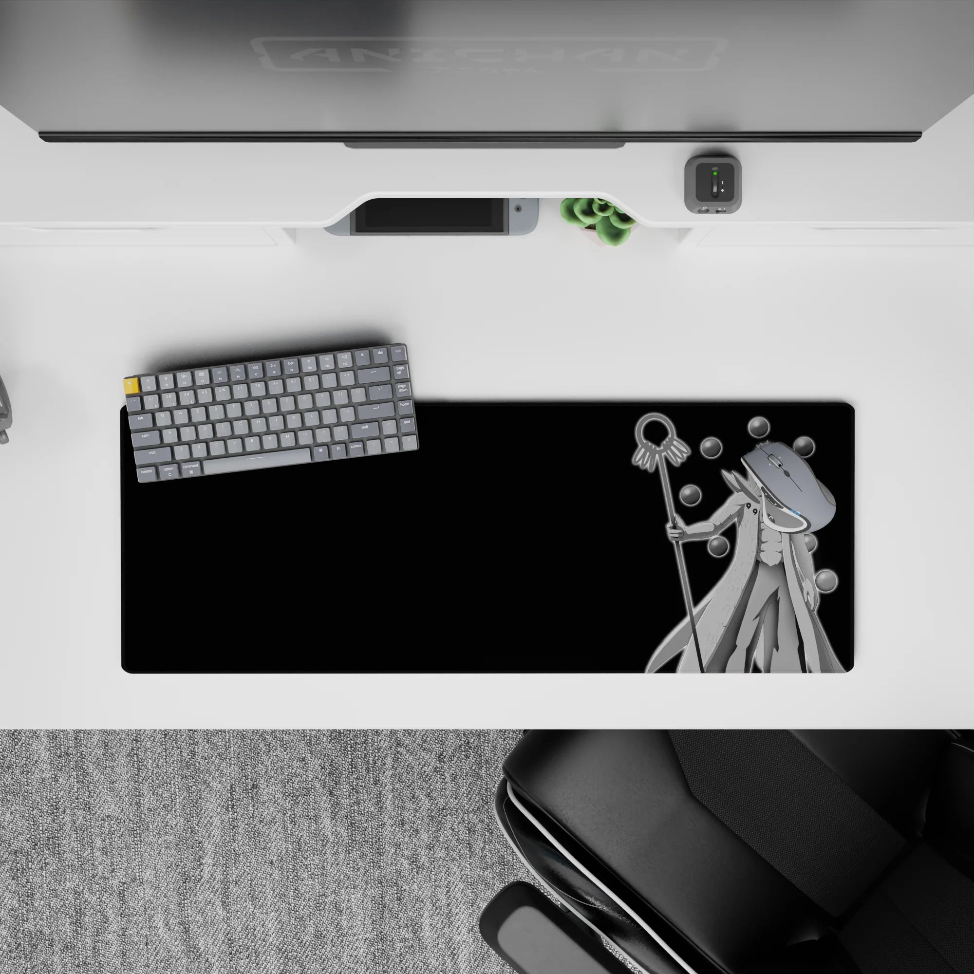 32x12 inches desk mat in black and silver-white tones, calm dark Naruto-style vibe with glossy orbs.