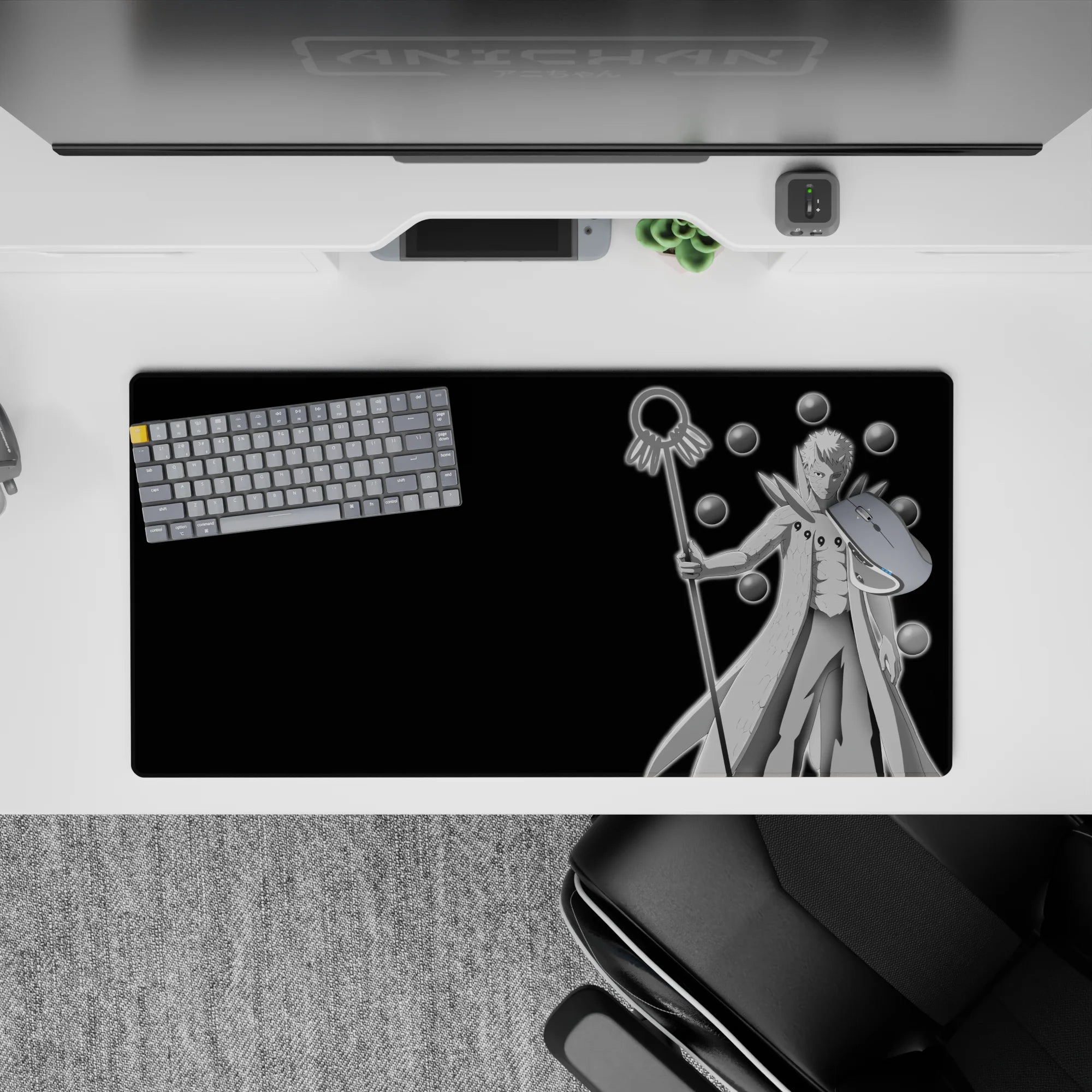 Dark black background anime mouse pad 32x16 inches, silver-white cloak glow and calm ominous vibe.