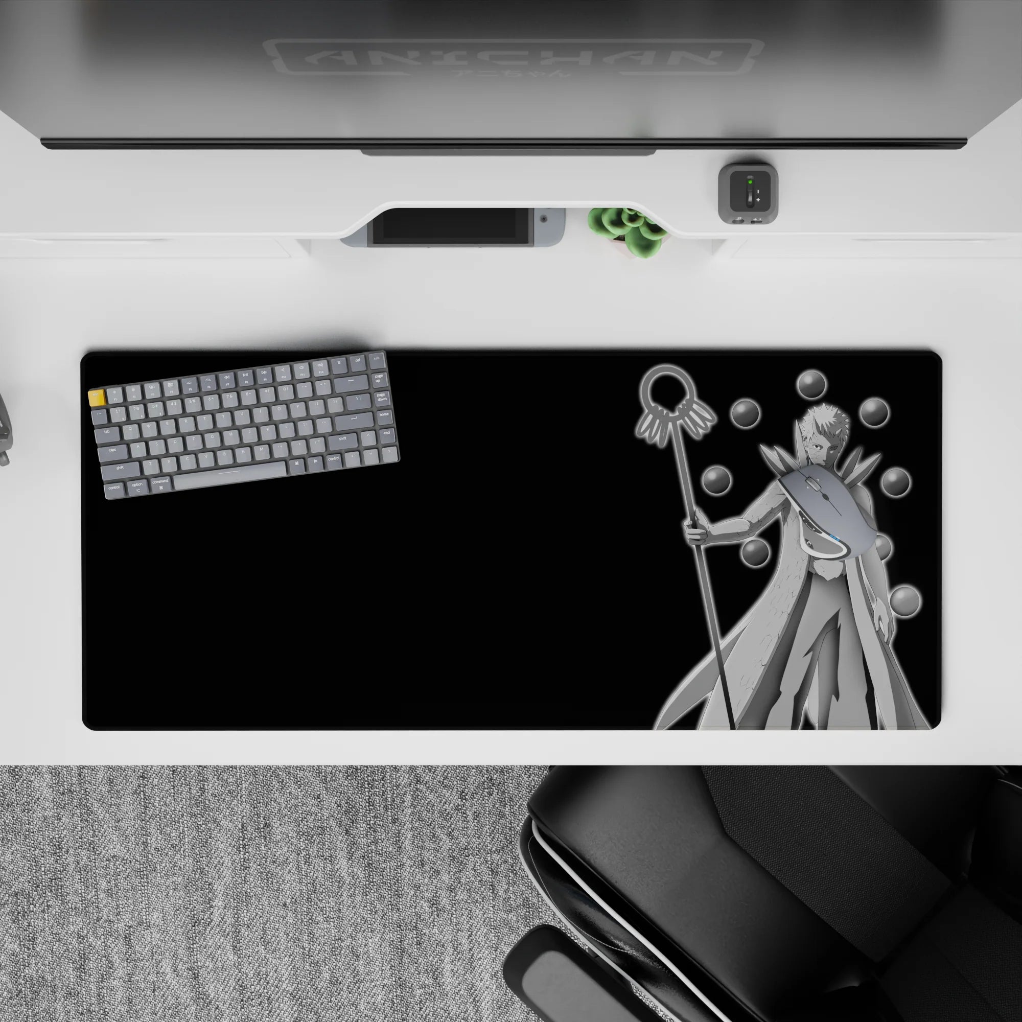 36x16 inches anime mouse pad in dark black tones with bright silver-white cloak and glossy orb accents.