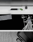 36x16 inches anime mouse pad in dark black tones with bright silver-white cloak and glossy orb accents.