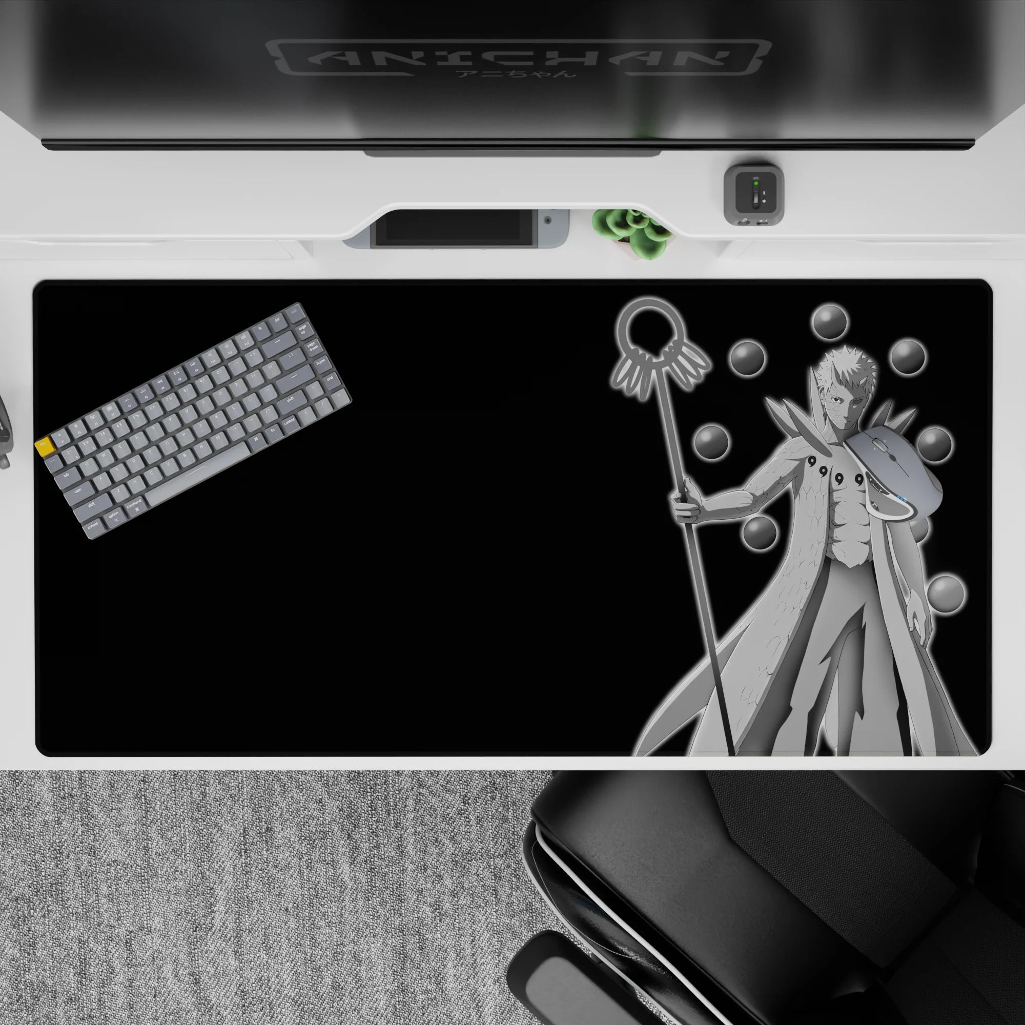 Black background desk pad 40x20 inches with silver-white cloak highlights and calm, ominous vibe.