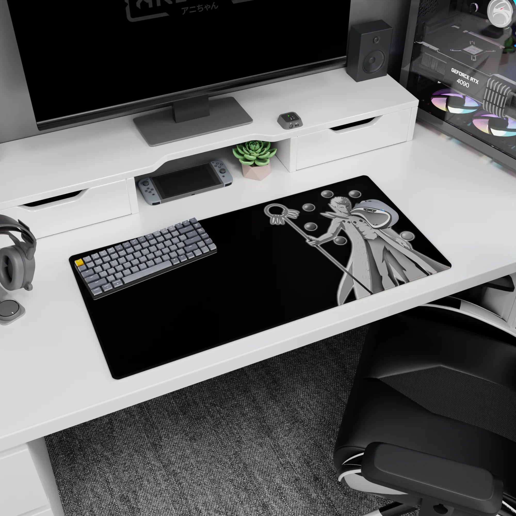 Obito Uchiha Six Paths on anime mouse pad 32x16 inches, floating orbs like moons behind him.