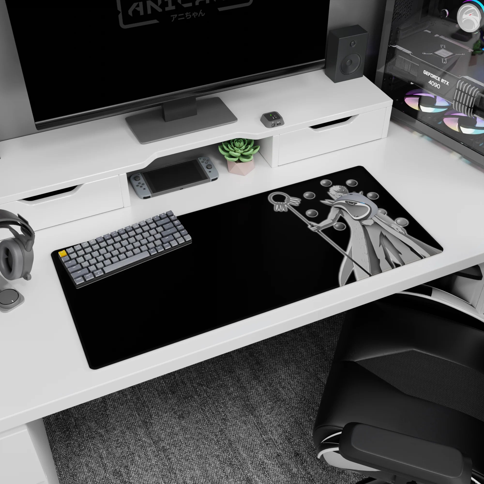 36x16 inches Naruto Shippuden desk mat showing Obito Uchiha with staff and floating truth-seeking orbs.
