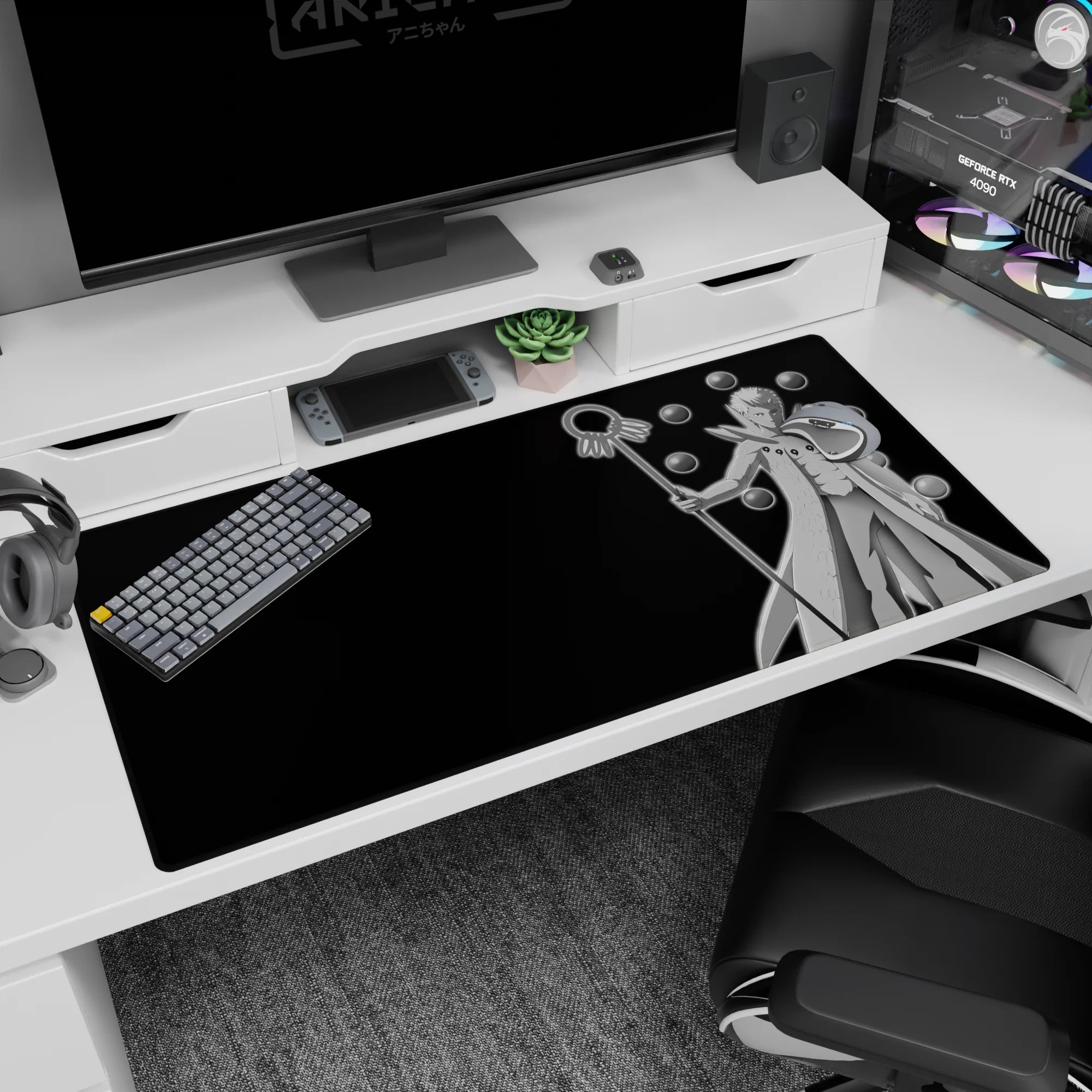 Obito Uchiha Six Paths scene desk pad 40x20 inches, floating glossy orbs behind him on black.