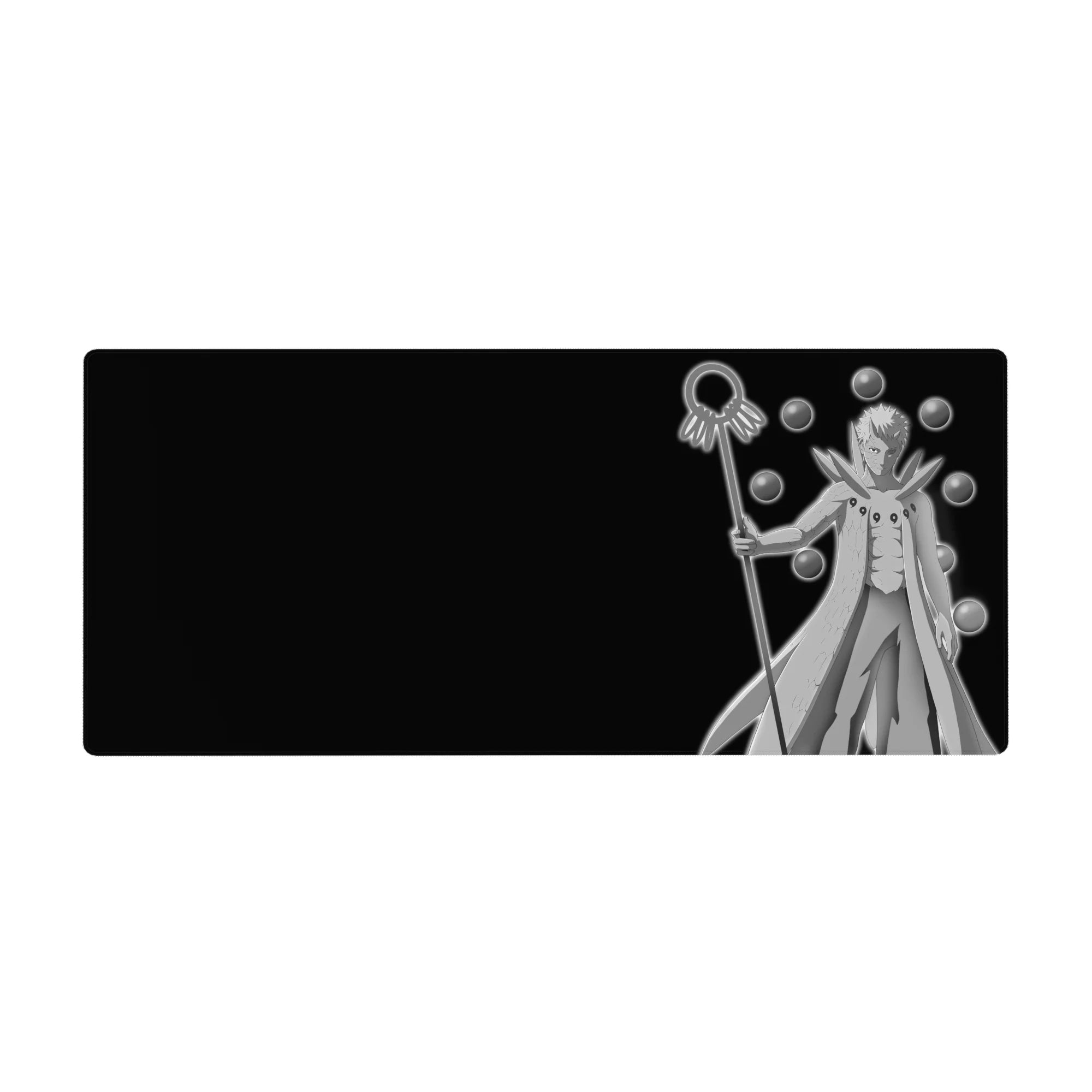 36x16 inches anime desk pad with Six Paths Obito, black backdrop, silver cloak, truth-seeking orbs.