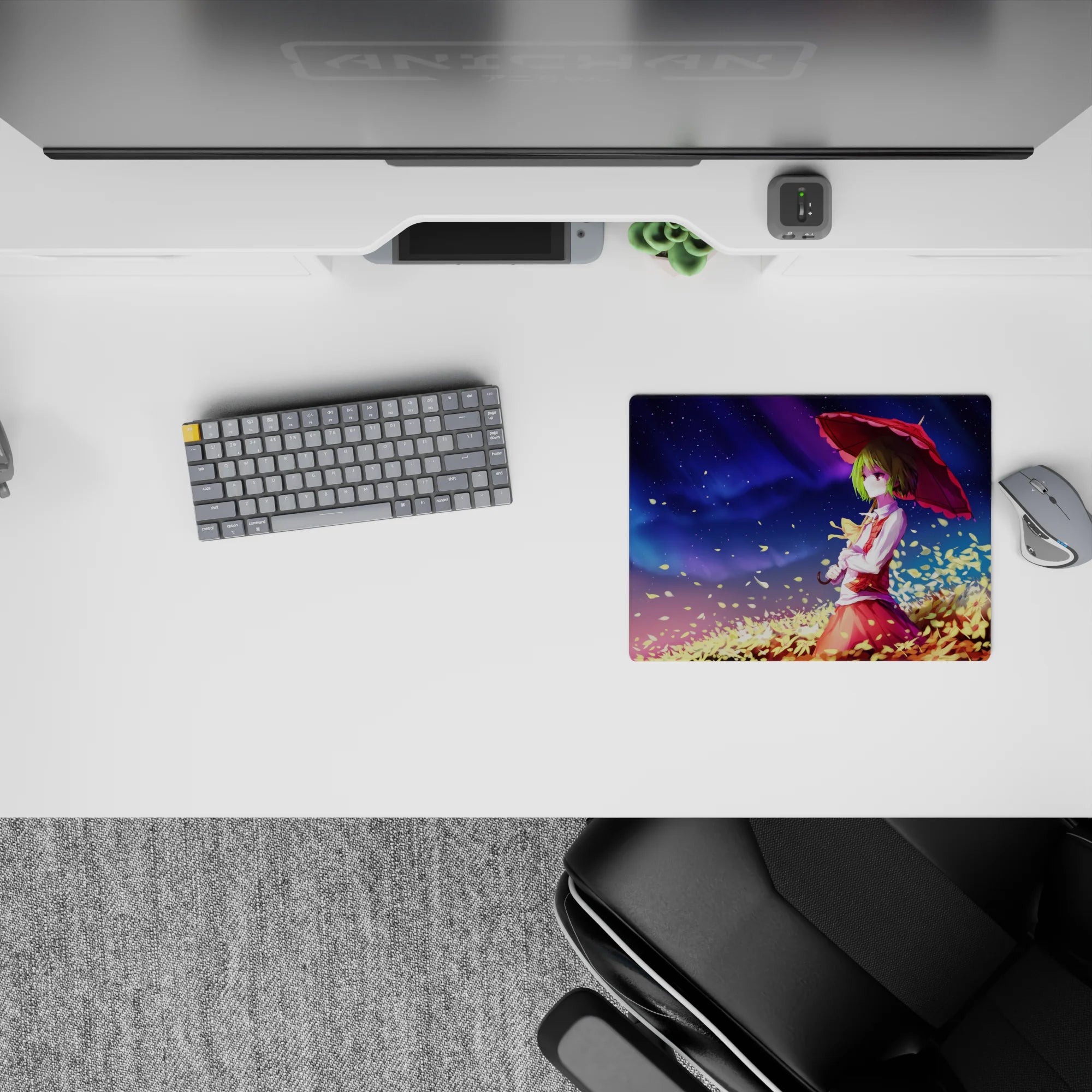 Dreamy 14x10 inches anime mouse pad in violet-to-blue night tones with golden leaves and cozy vibe.