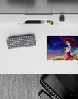 Dreamy 14x10 inches anime mouse pad in violet-to-blue night tones with golden leaves and cozy vibe.