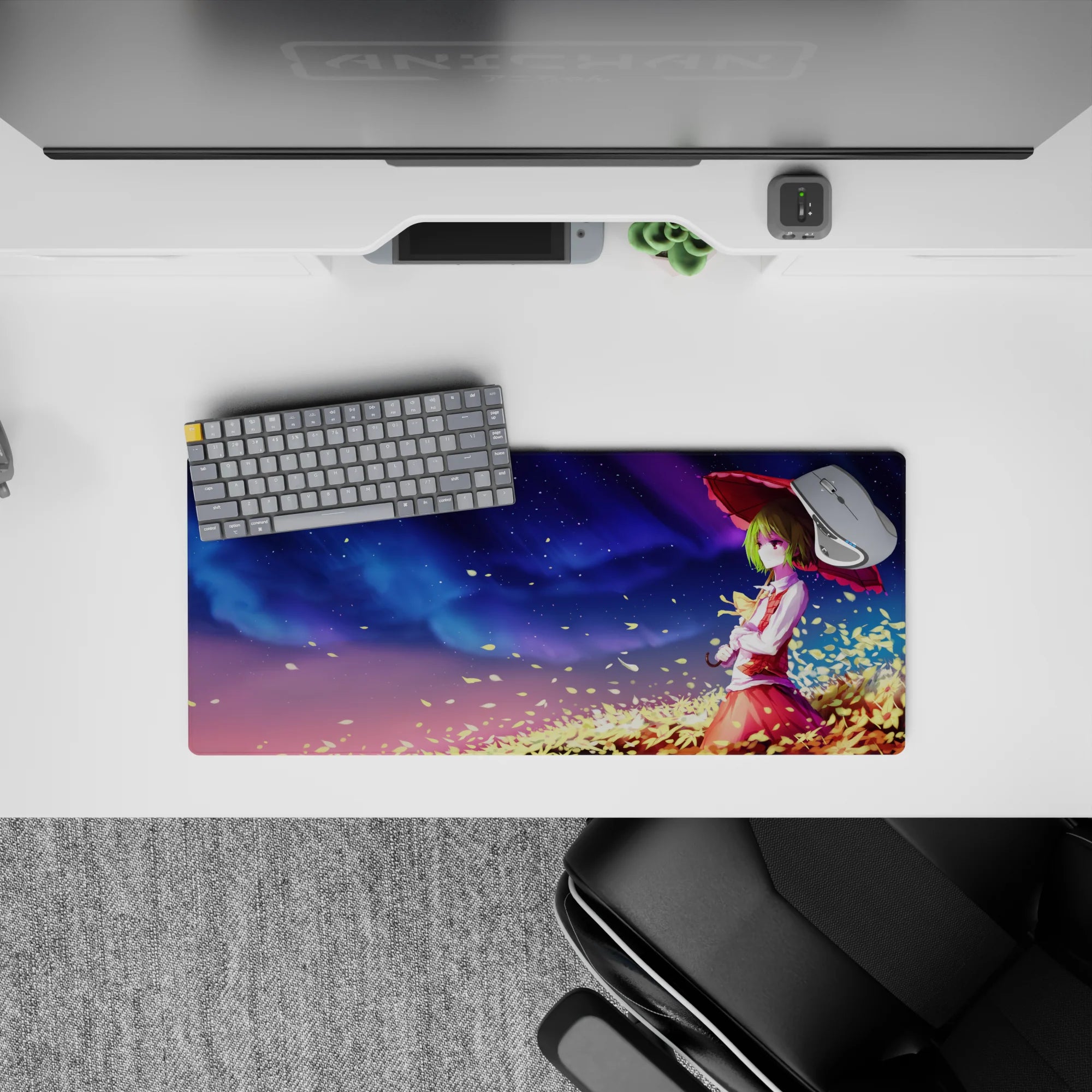 28x12 inches mouse pad in dreamy violet-to-blue night hues, tiny stars, and warm golden confetti leaves.