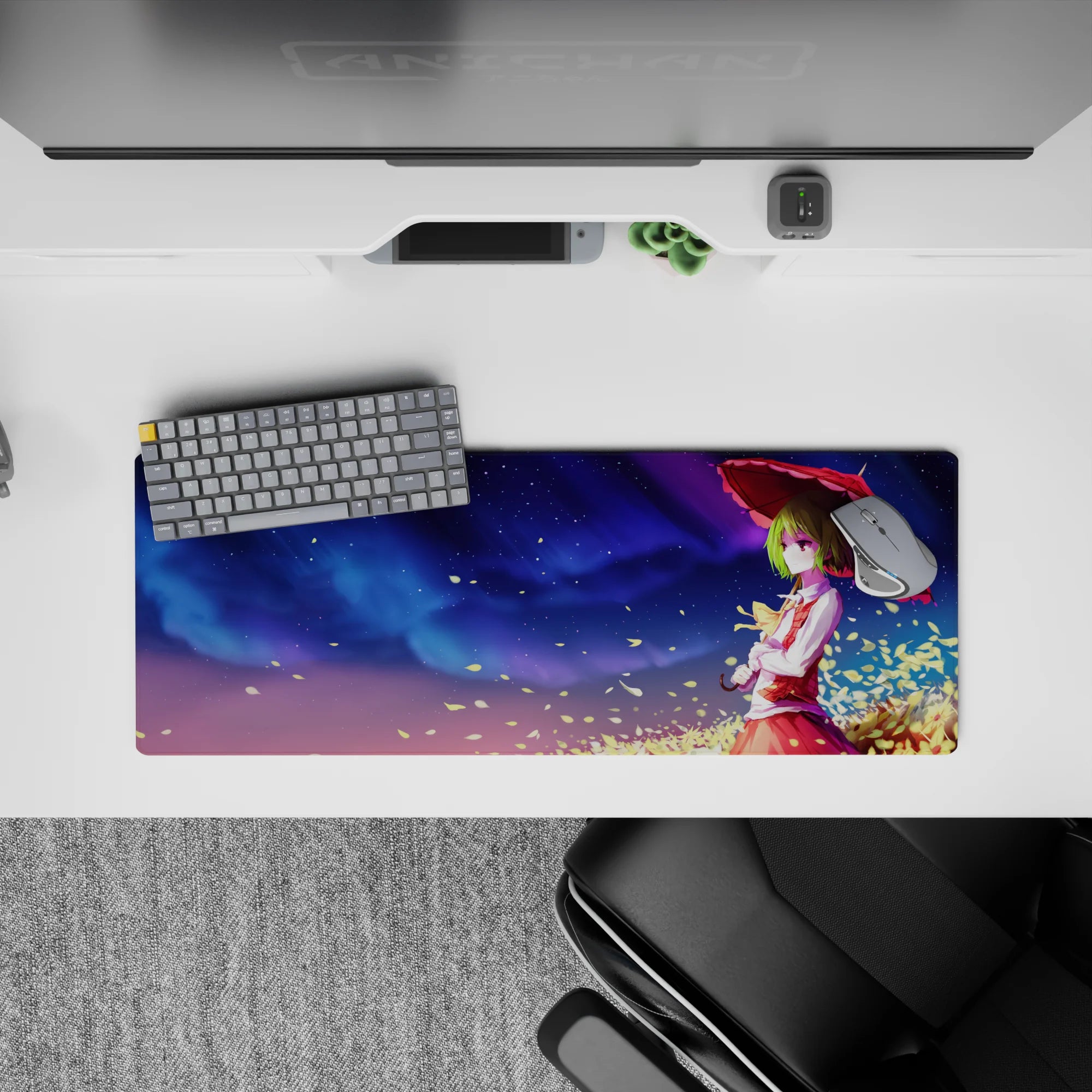 32x12 inches anime girl mouse pad in violet-to-blue night tones with tiny stars and golden leaf confetti.