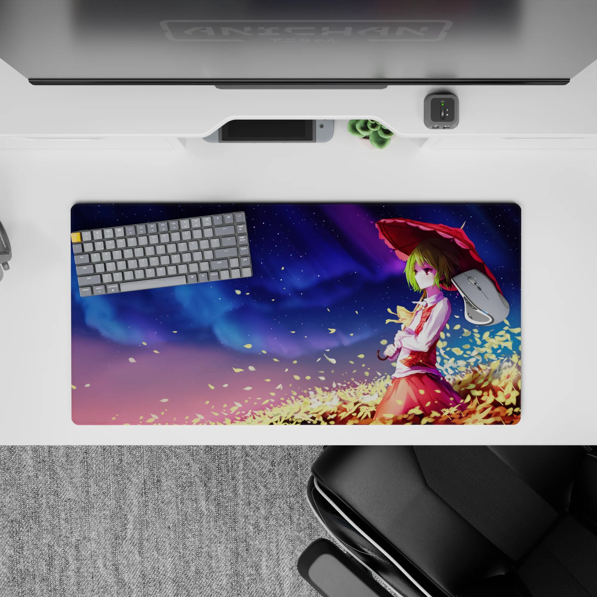 32x16 inches anime mouse pad in violet-to-blue night sky with tiny stars, cozy dreamy autumn vibe.