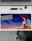 32x16 inches anime mouse pad in violet-to-blue night sky with tiny stars, cozy dreamy autumn vibe.