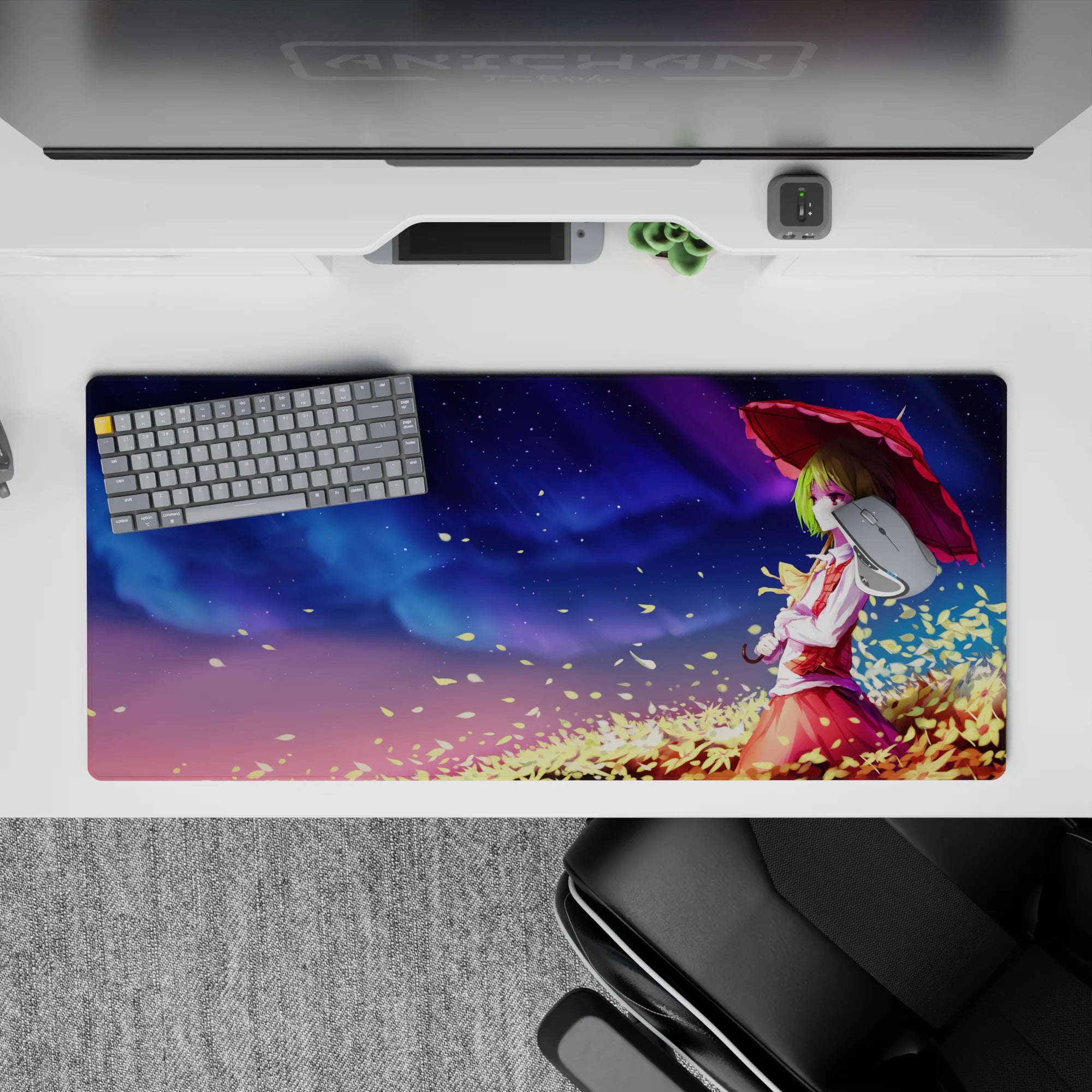 36x16 inches desk pad in dreamy violet-to-blue night tones with tiny stars, swirling petals, cozy vibe.