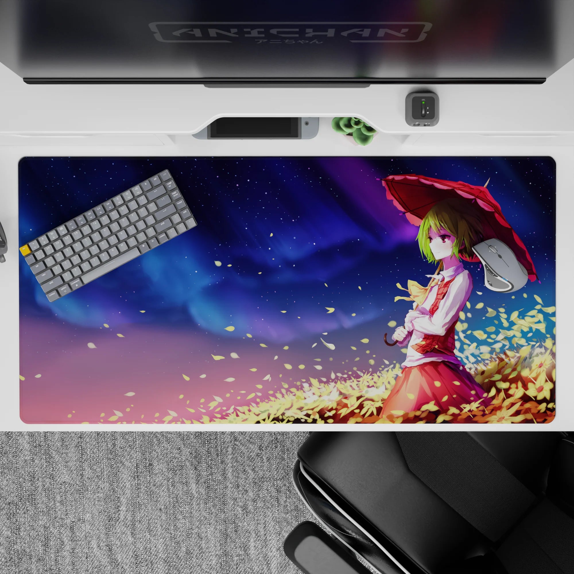 Dreamy 40x20 inches anime desk pad in violet-to-blue gradient with tiny stars and golden leaf confetti.