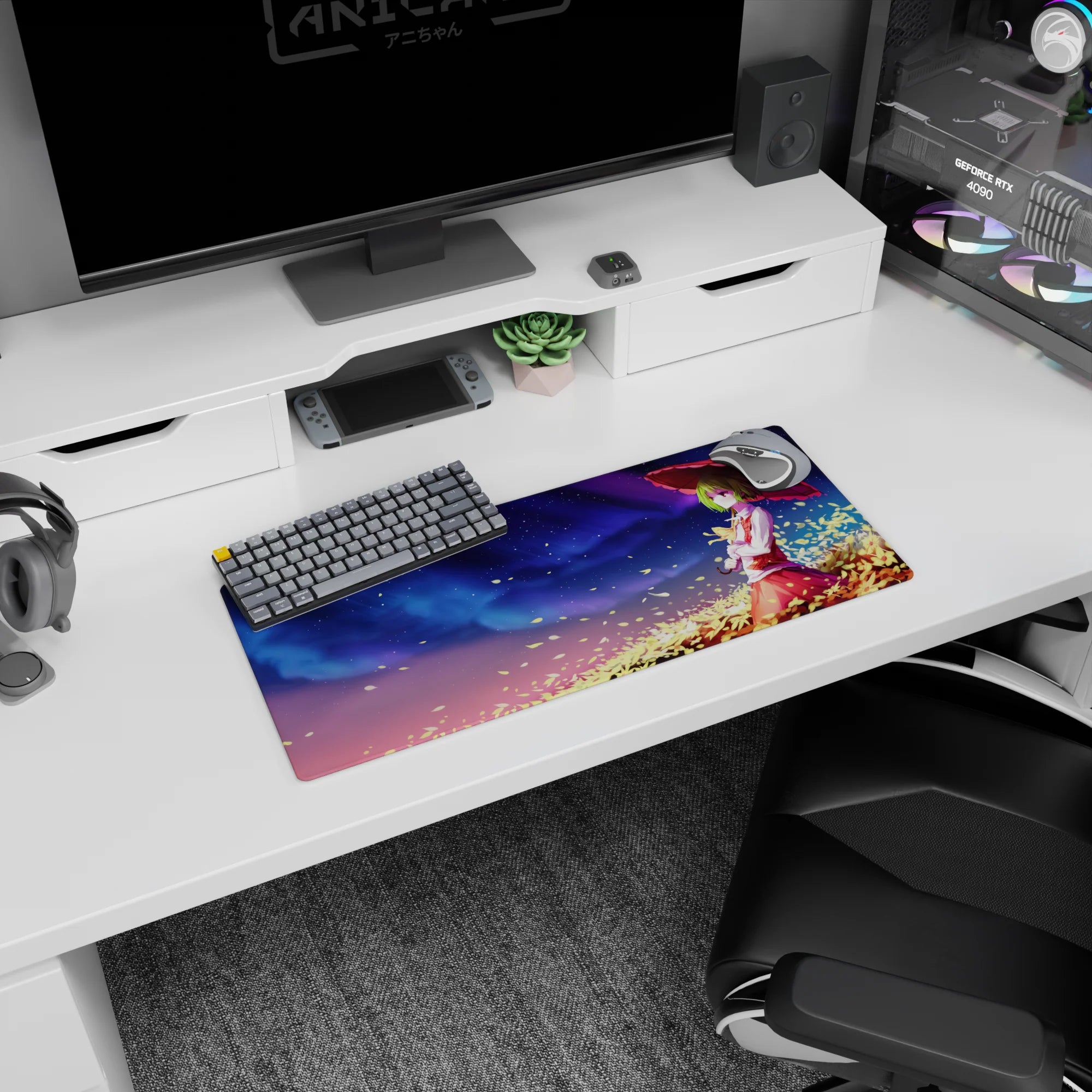 28x12 inches Touhou Project Kazami Yuuka mouse pad, green-haired girl under a crimson parasol at night.