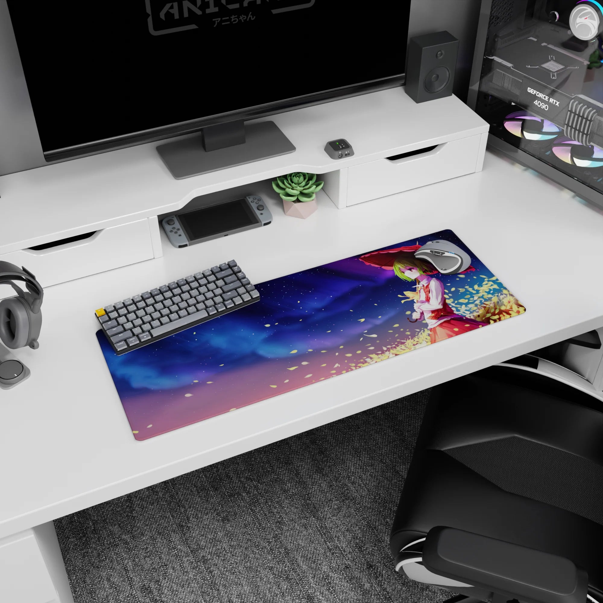 32x12 inches Touhou Kazami Yuuka mouse pad, green hair glowing beneath a crimson parasol at dusk.