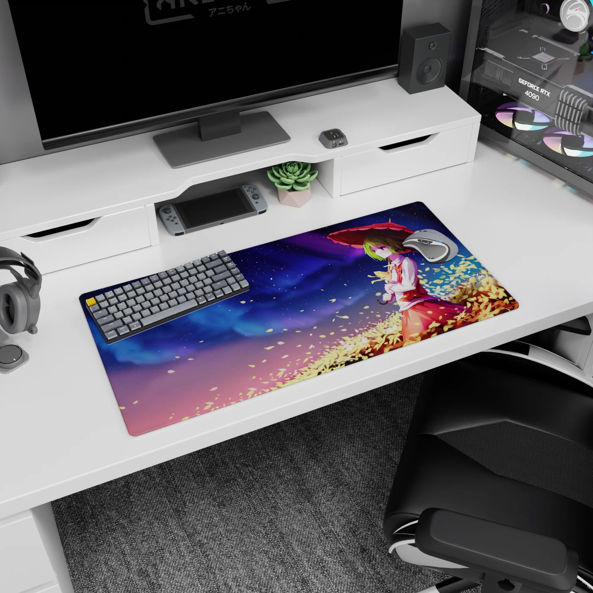 32x16 inches Touhou Project Kazami Yuuka mouse pad, green hair glowing under a red parasol at night.
