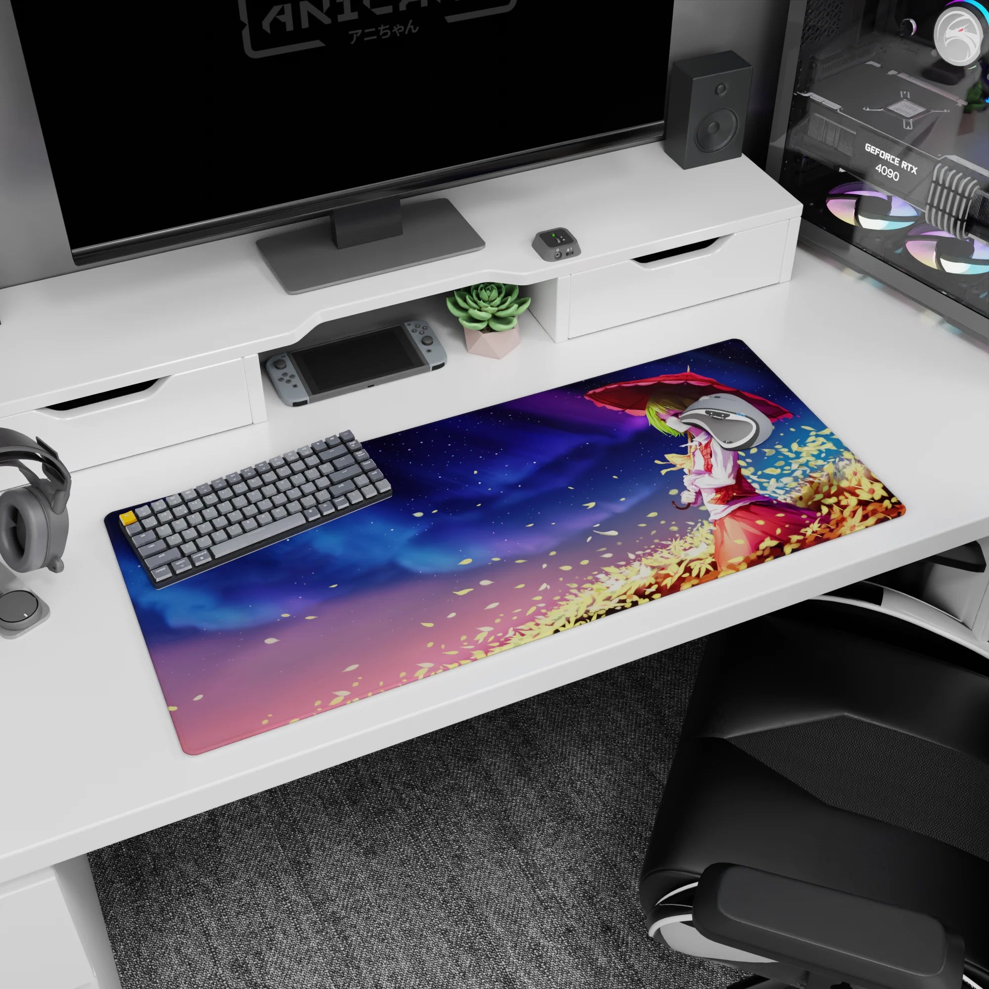 36x16 inches Touhou Project Kazami Yuuka desk pad under crimson parasol, green hair, falling leaves.