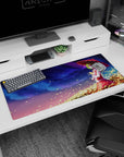 36x16 inches Touhou Project Kazami Yuuka desk pad under crimson parasol, green hair, falling leaves.