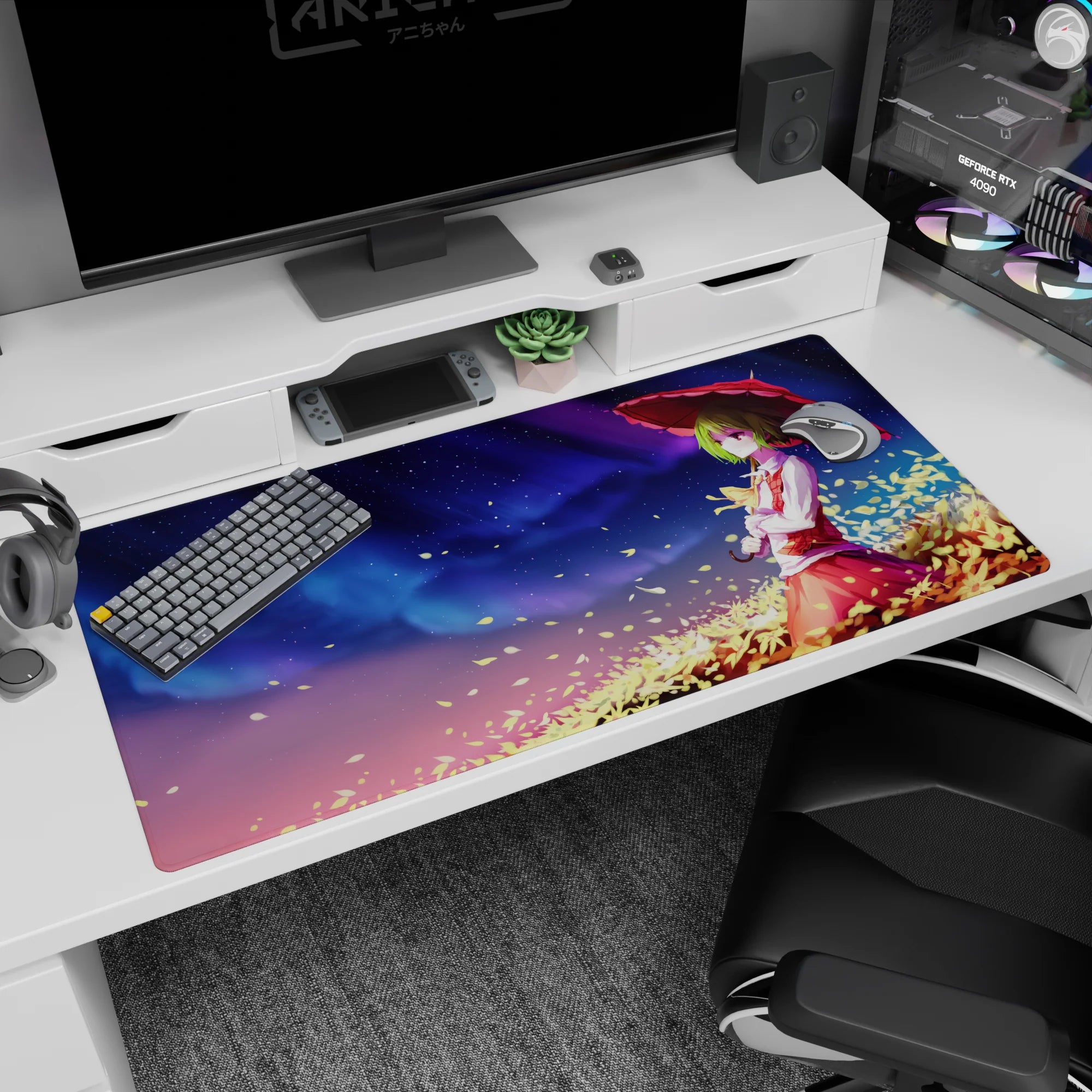 Touhou Kazami Yuuka anime desk pad 40x20 inches, green hair under crimson parasol with drifting petals.