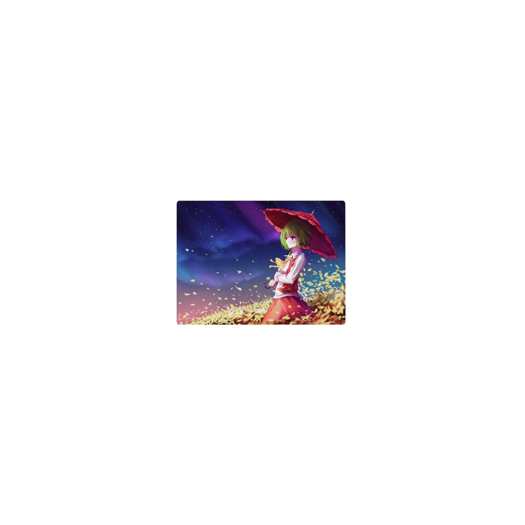 Classic anime girl mouse pad 14x10 inches with parasol, swirling petals, and starry twilight sky.