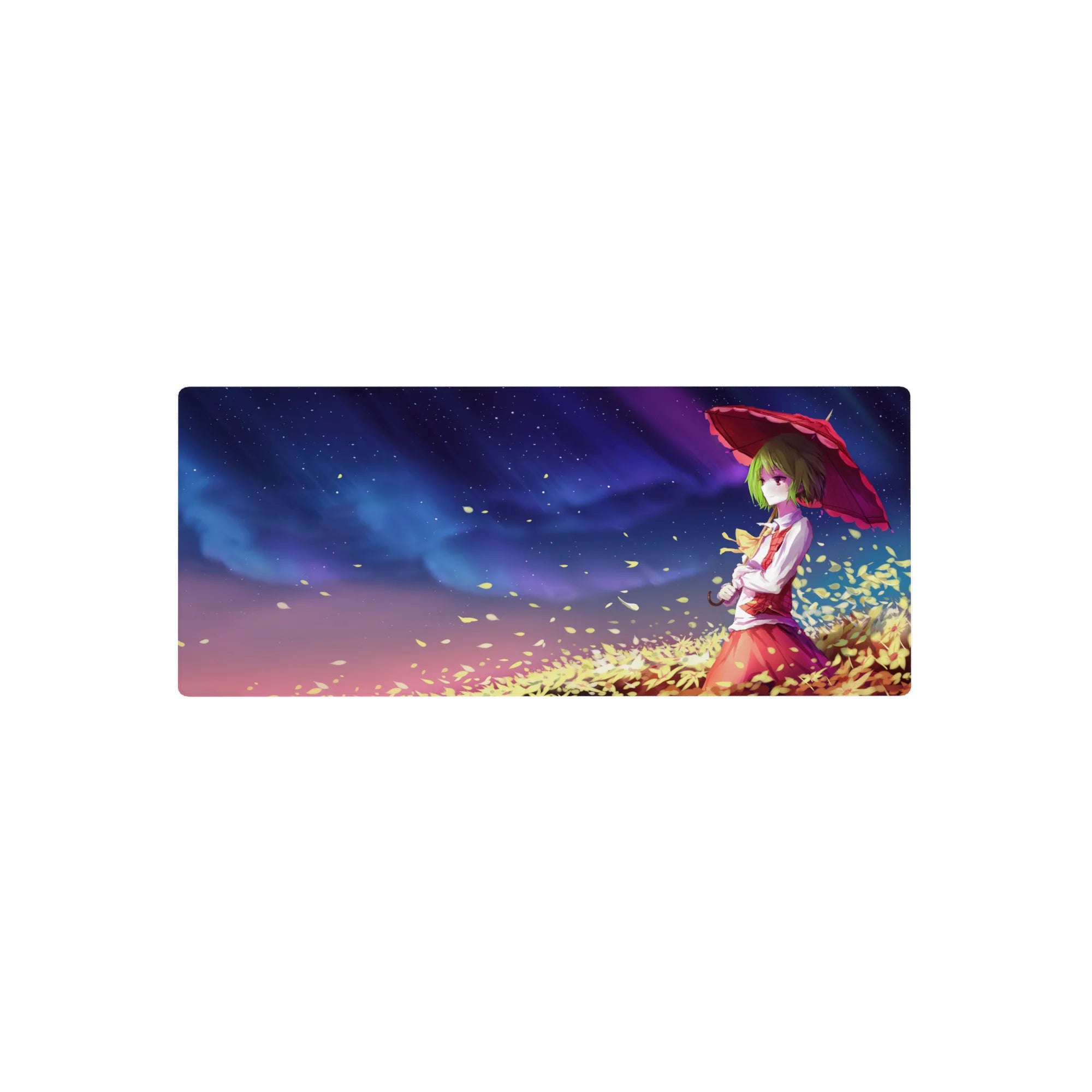 28x12 inches anime girl mouse pad with parasol, swirling petals, starry gradient sky, and golden leaves.