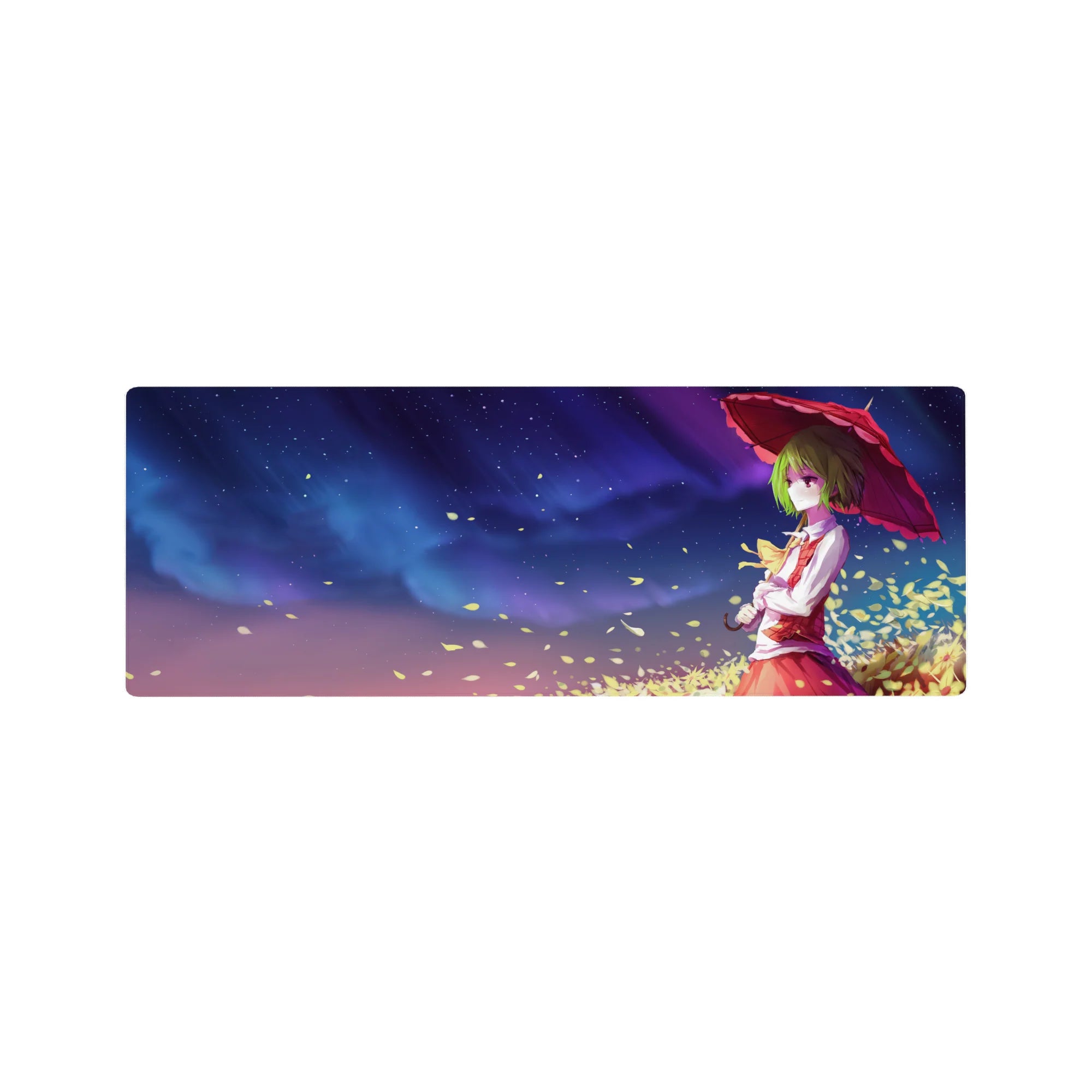 32x12 inches anime girl mouse pad with green-haired Yuuka under a red parasol, petals and stars.