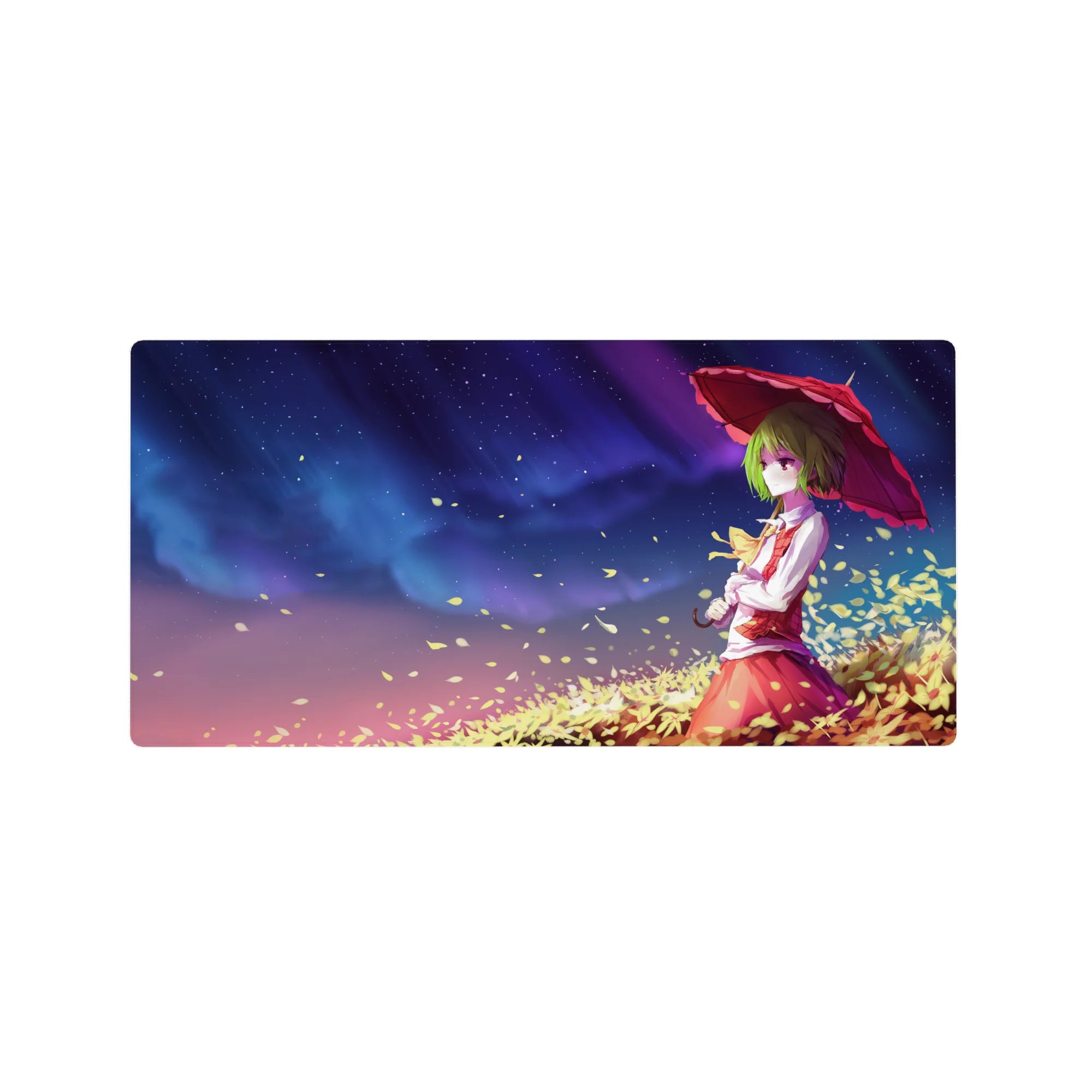 32x16 inches anime girl mouse pad with green-haired girl under crimson parasol, petals and golden leaves.