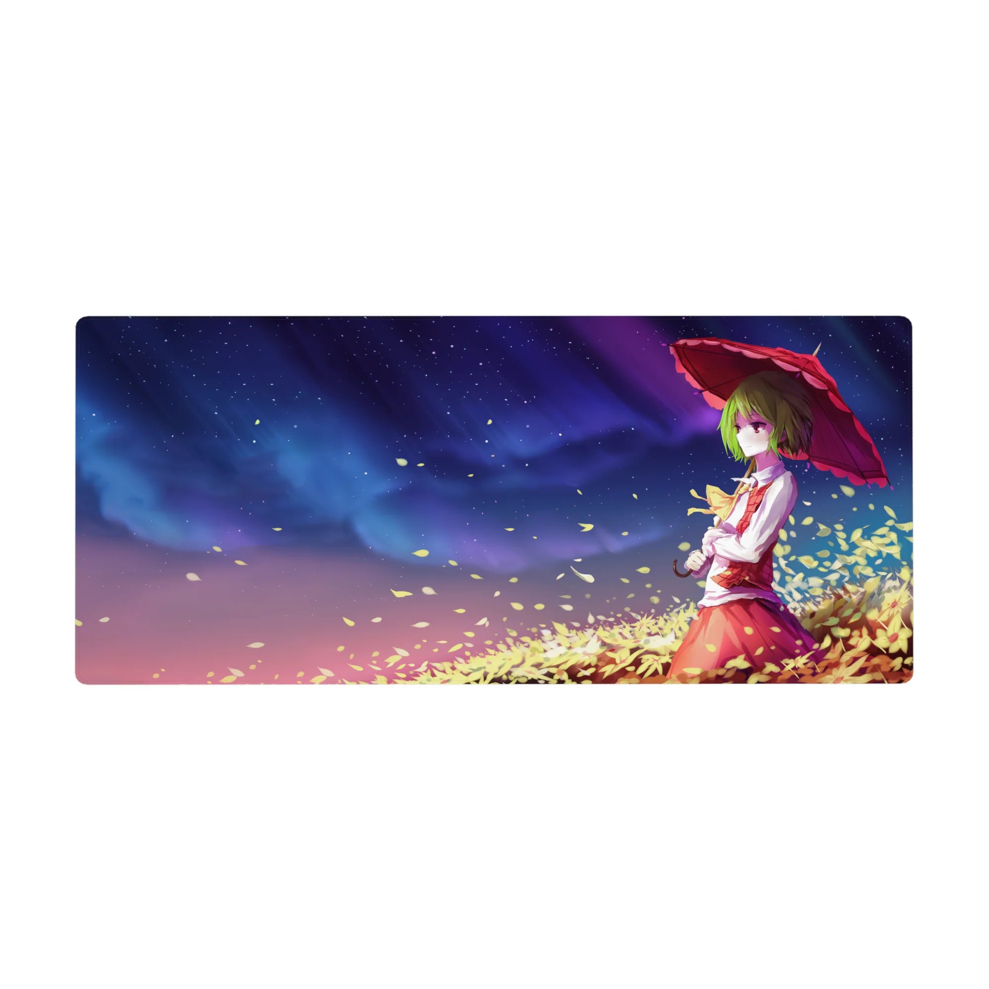 36x16 inches anime girl desk pad with green-haired parasol heroine, petals and golden leaves, starry sky.