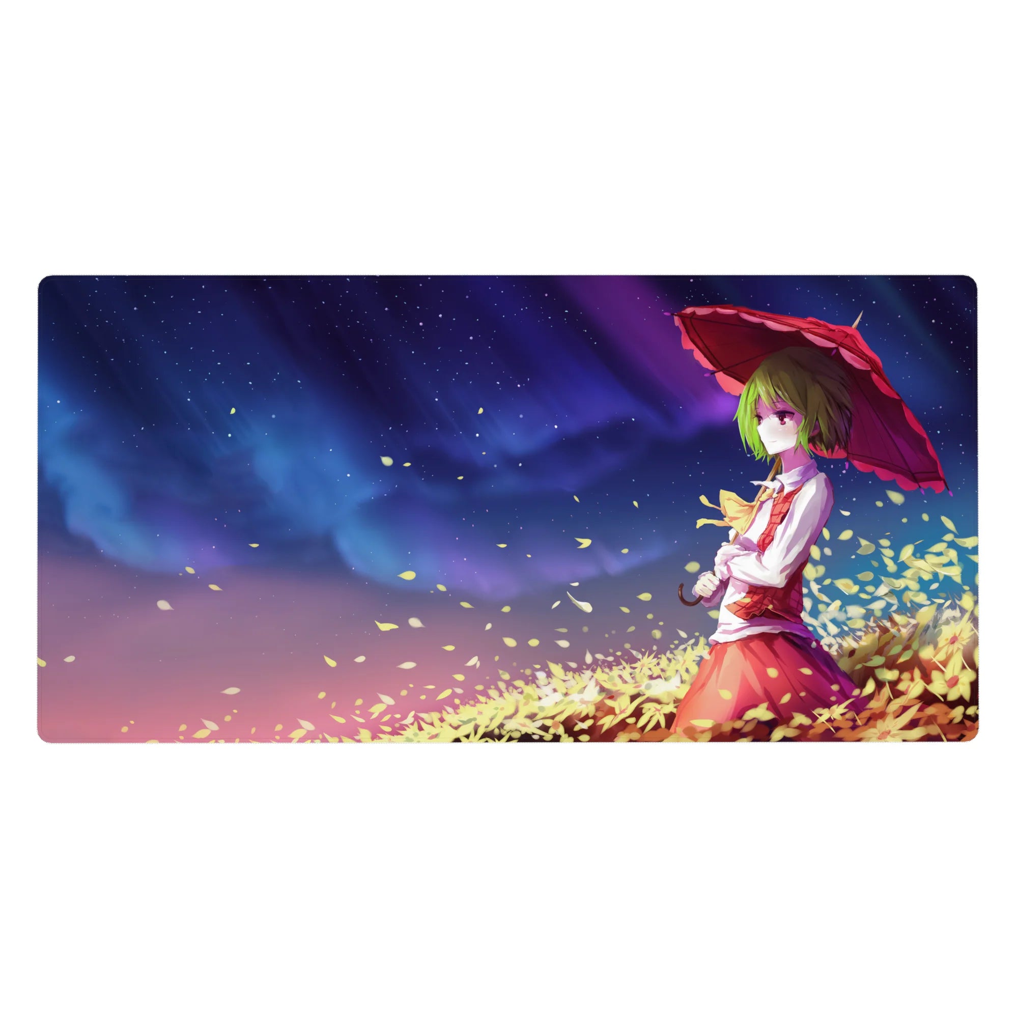 Anime girl desk pad 40x20 inches with parasol, swirling petals, and starry twilight sky design.