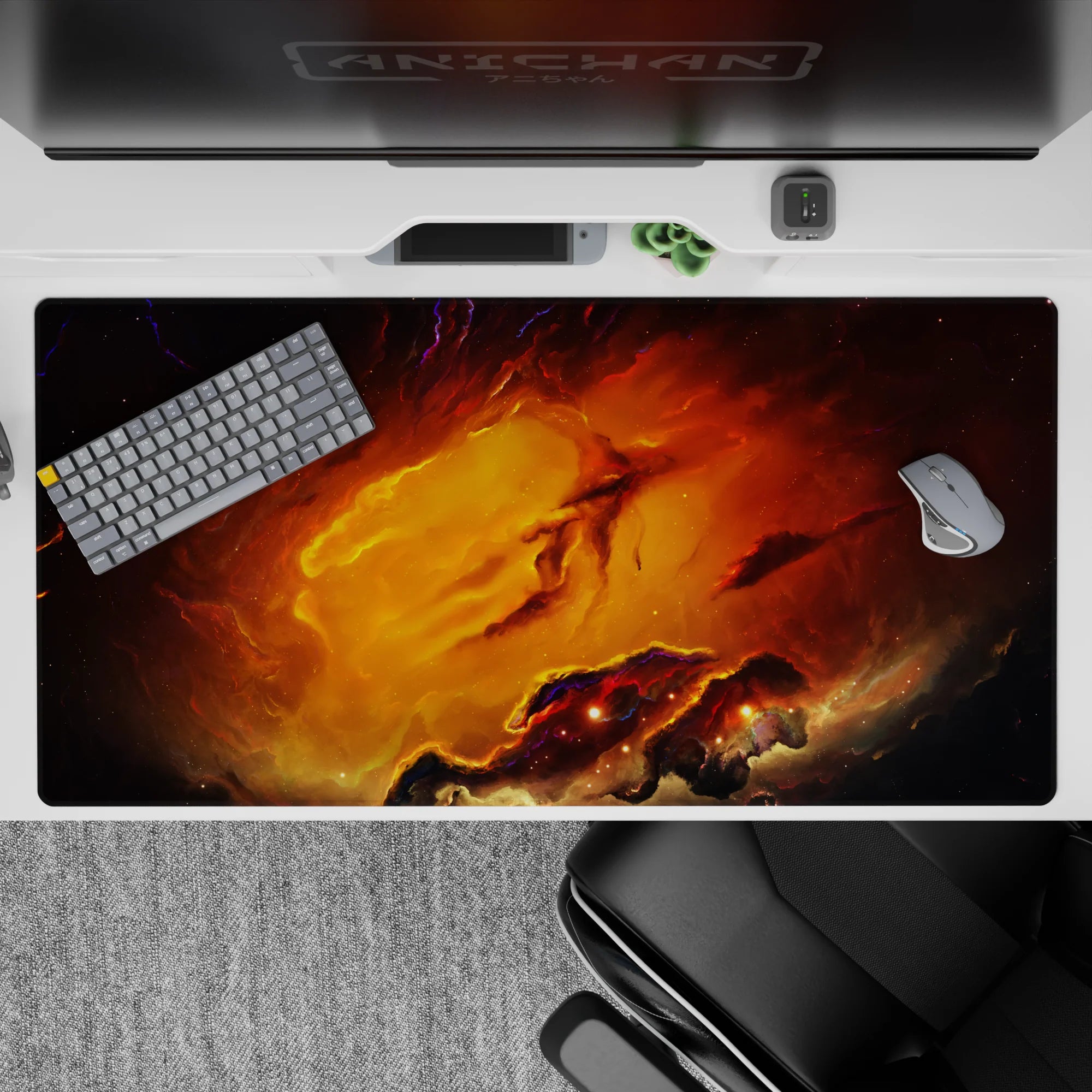 Warm molten gold and ember orange desk pad 40x20 inches with smoky shadows, dramatic cozy mood.